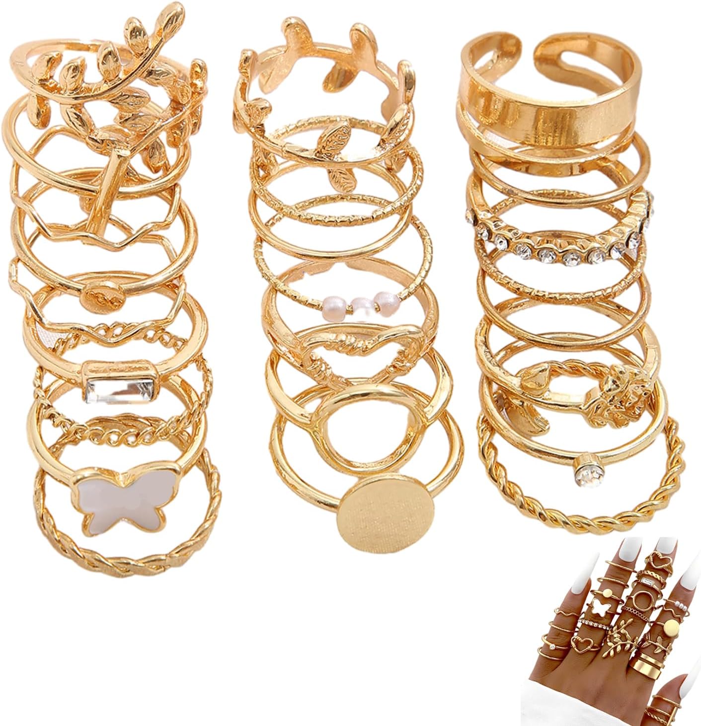 Tomtary 24Pcs Gold Knuckle Ring Set for Women Thumb Ring Stackable Rings Butterfly Crystal Ring