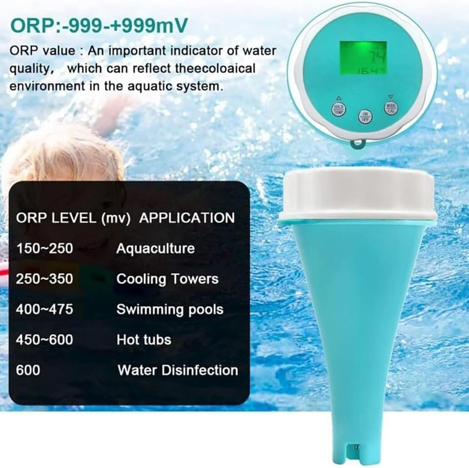 Medidor De Agua Para Piscinas Zayuzo Con Bluetooth, 6 En 1, Resistente Al Agua Ip67, Con Medidor De Ph, Cloro, Ec, Tds-orp Y Temperatura Para Piscinas, Jacuzzis Y Spas De Natación.