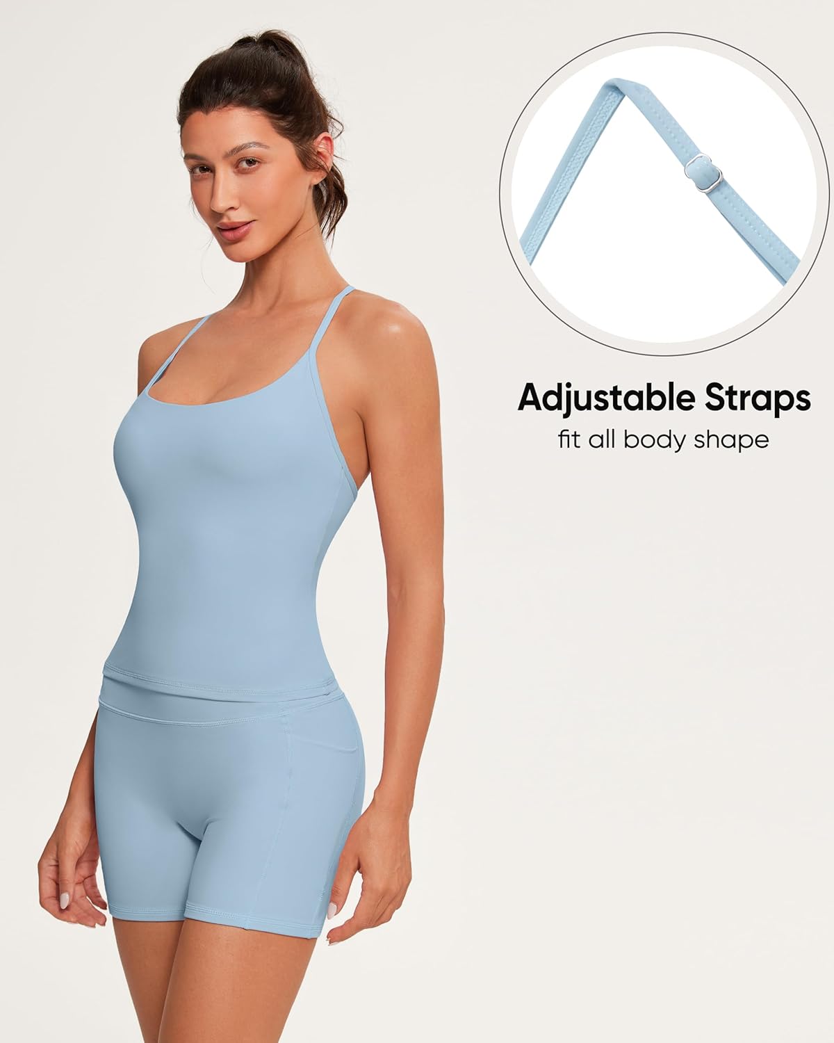 OMKAGI 2 Piece Workout Sets for Women Cute Y Back Tank Tops Booty Shorts Outfits with Pockets - Image 2