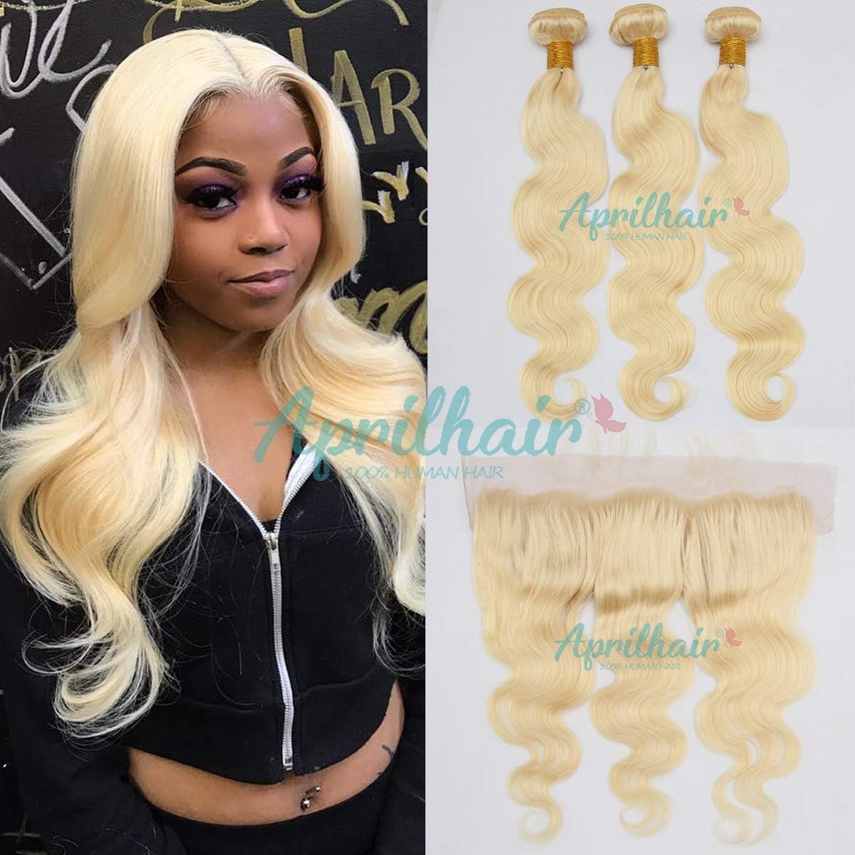 Aprilhair Pre-plucked #613 Platinum Blonde 3 Bundles With 13x4 Lace Frontal Ear To Ear Closure Unprocessed Brazilian Virgin Human Hair Weave Body Wave With Baby Hair(14+14 16 18)