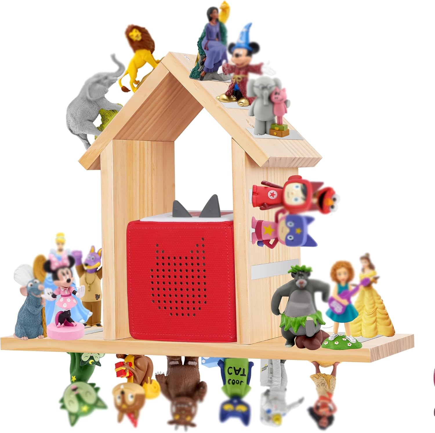 For Tonies Shelf Magnetic,for Toniebox Figures Wall Shelves,for Tonie Characters Audio Toy Storage Organizer(Hold 70 Figurines),Compatible Charging Station for Kid's Room,Pine Wood House,Large