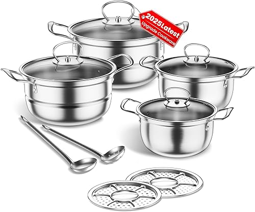 Juego de utensilios de cocina de acero inoxidable, juego de 12 ollas con vapor y cuchara, juego de utensilios de cocina de inducción de cocina,