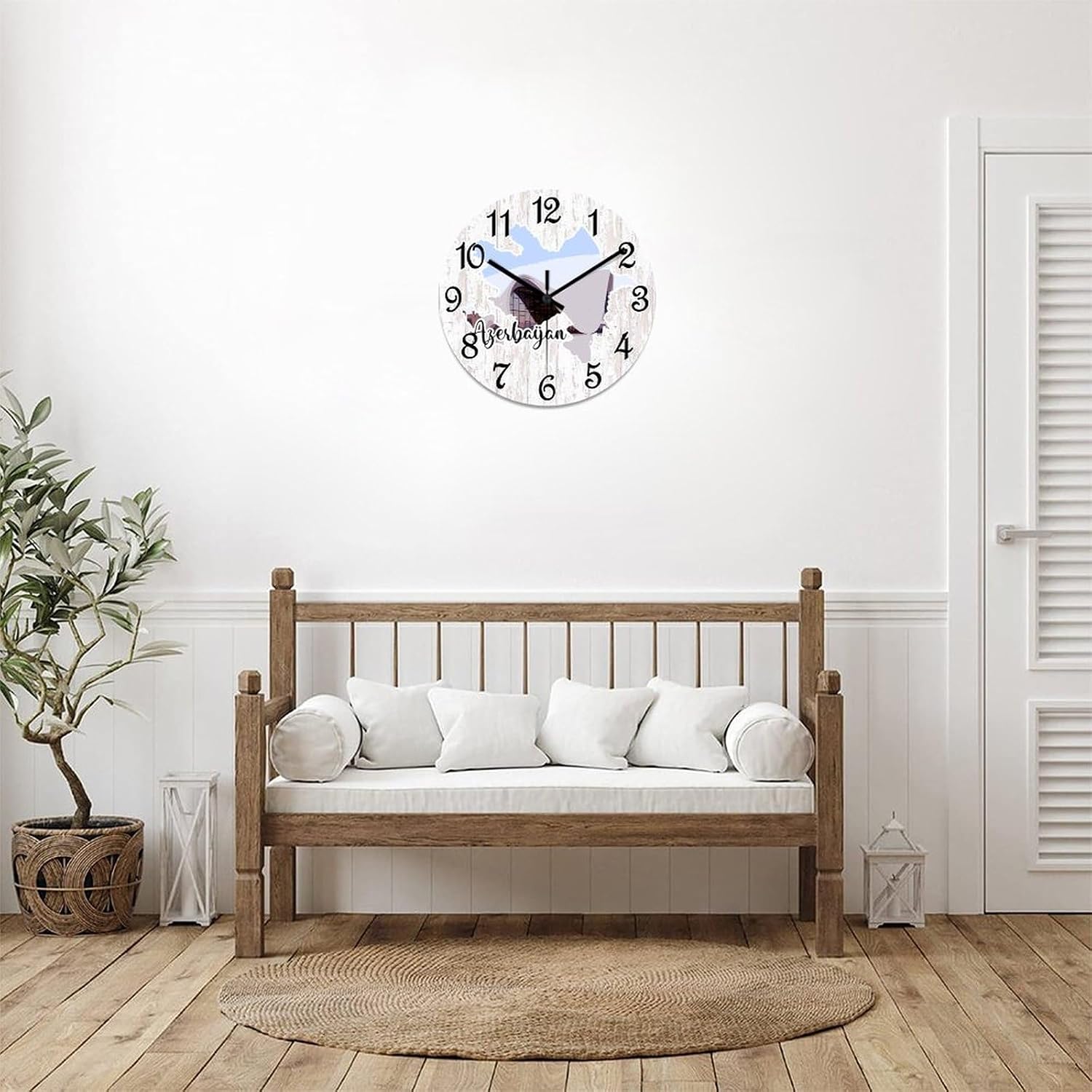 Azerbaijan Landmark Landscape Wall Clock Azerbaijan Map Wooden Wall Clocks Battery Operated 15 Inch Non-Ticking Retro Cabin Wall Decor for Kitchen Bedroom Living Room Office