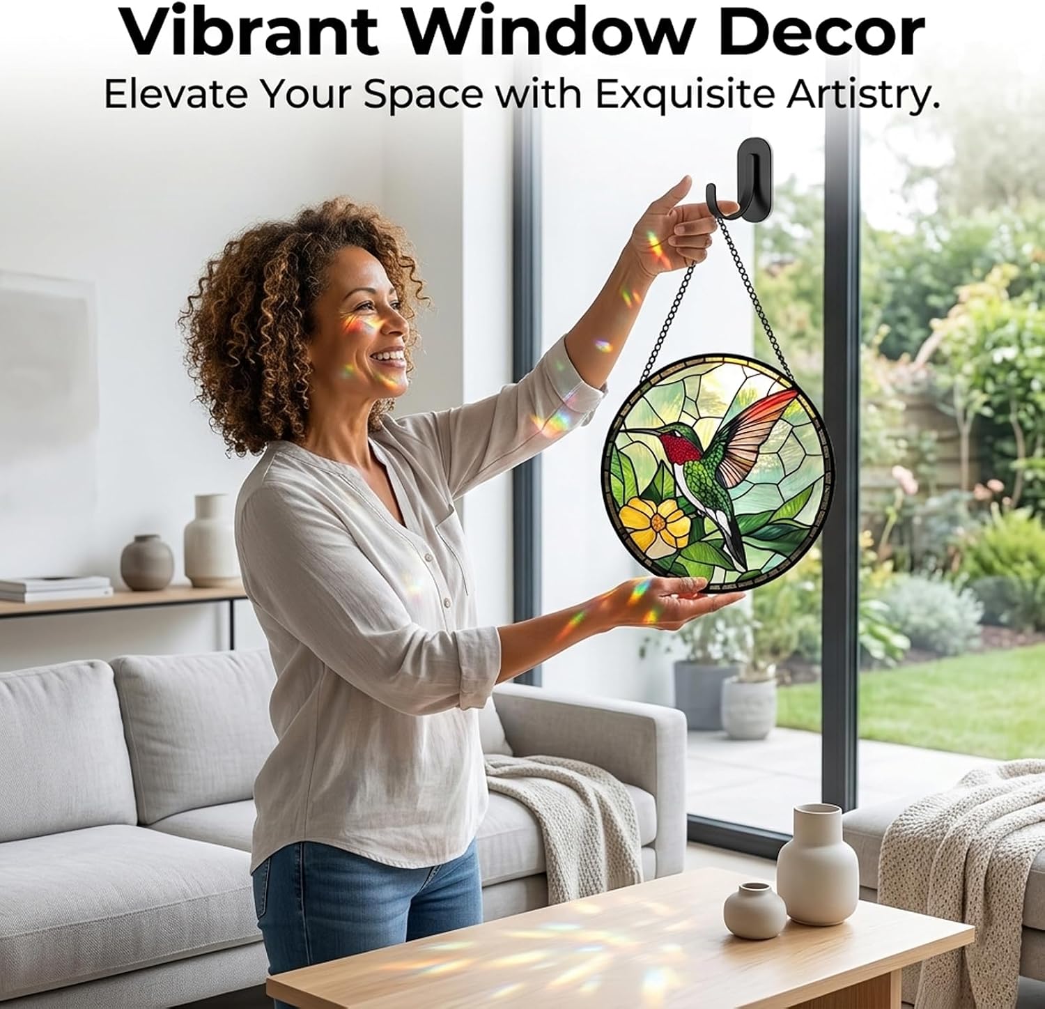 Hummingbird Gifts for Mom - Green Bird Faux Stained Glass Window Hanging Sun Catcher for Door Garden Acrylic Decor Mother's Day Birthday for Bird Lover Women Nana Men Grandma 6.3"