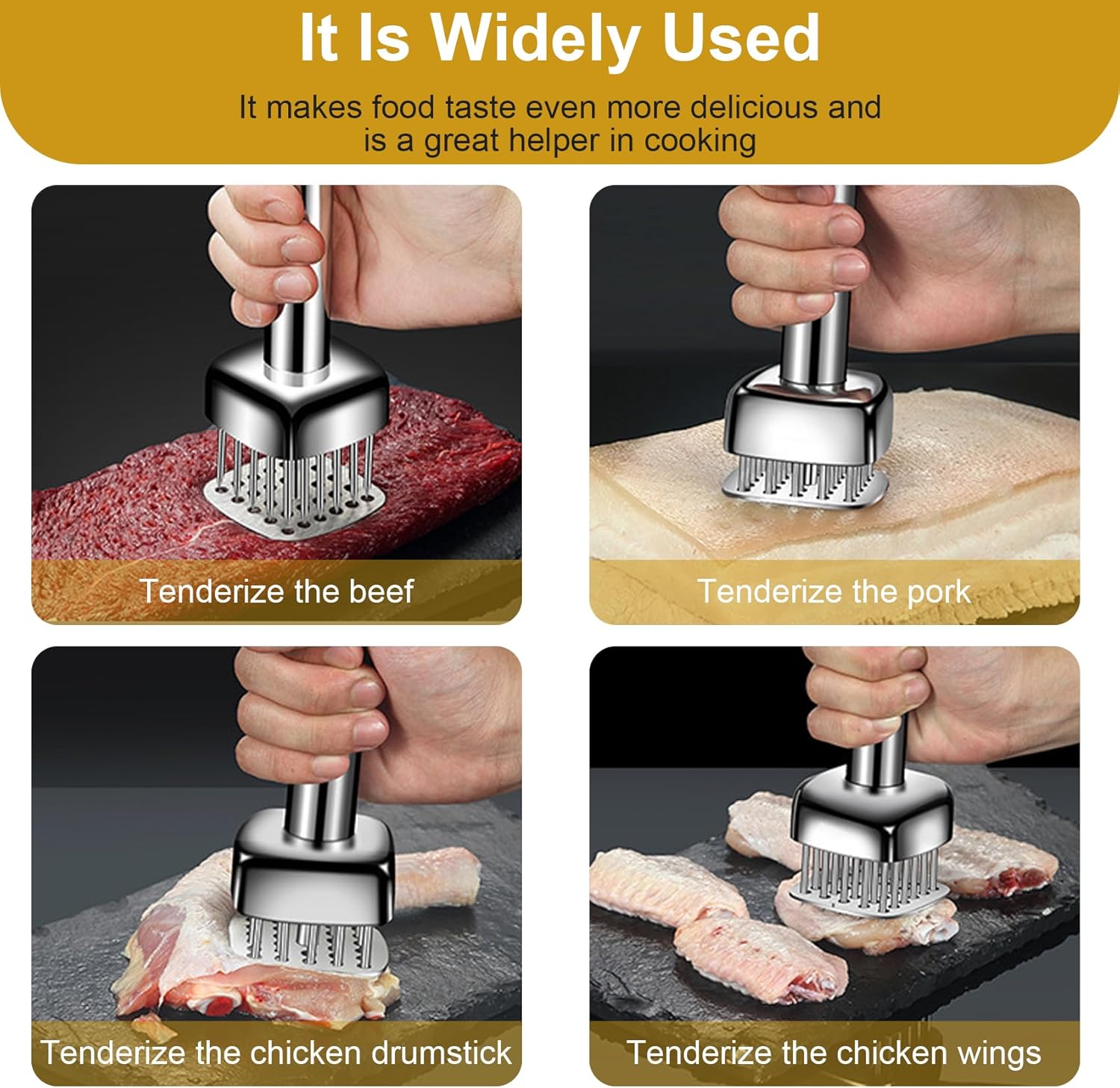Meat Tenderizer Tool 304 Stainless Steel – 28 Needles for Faster Tenderizing, Square Head Covers More Area, Retractable Safety Guard – for Beef, Turkey, Chicken, Steak – Dishwasher Safe