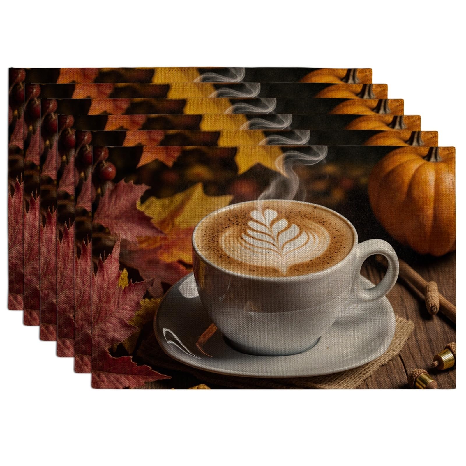 Autumn Leaves Placemats, Rustic Coffee and Pumpkin Table Mats for Dining, Fall Harvest Non-Slip Washable Indoor Outdoor Kitchen Party Decorative Placemat Set of 6