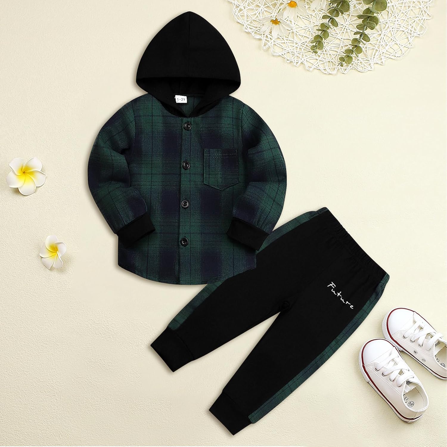 Toddler Baby Boys Clothes Plaid Button Down Hooded Shirt + Sweatpants Fall Winter Outfits Set - Image 2
