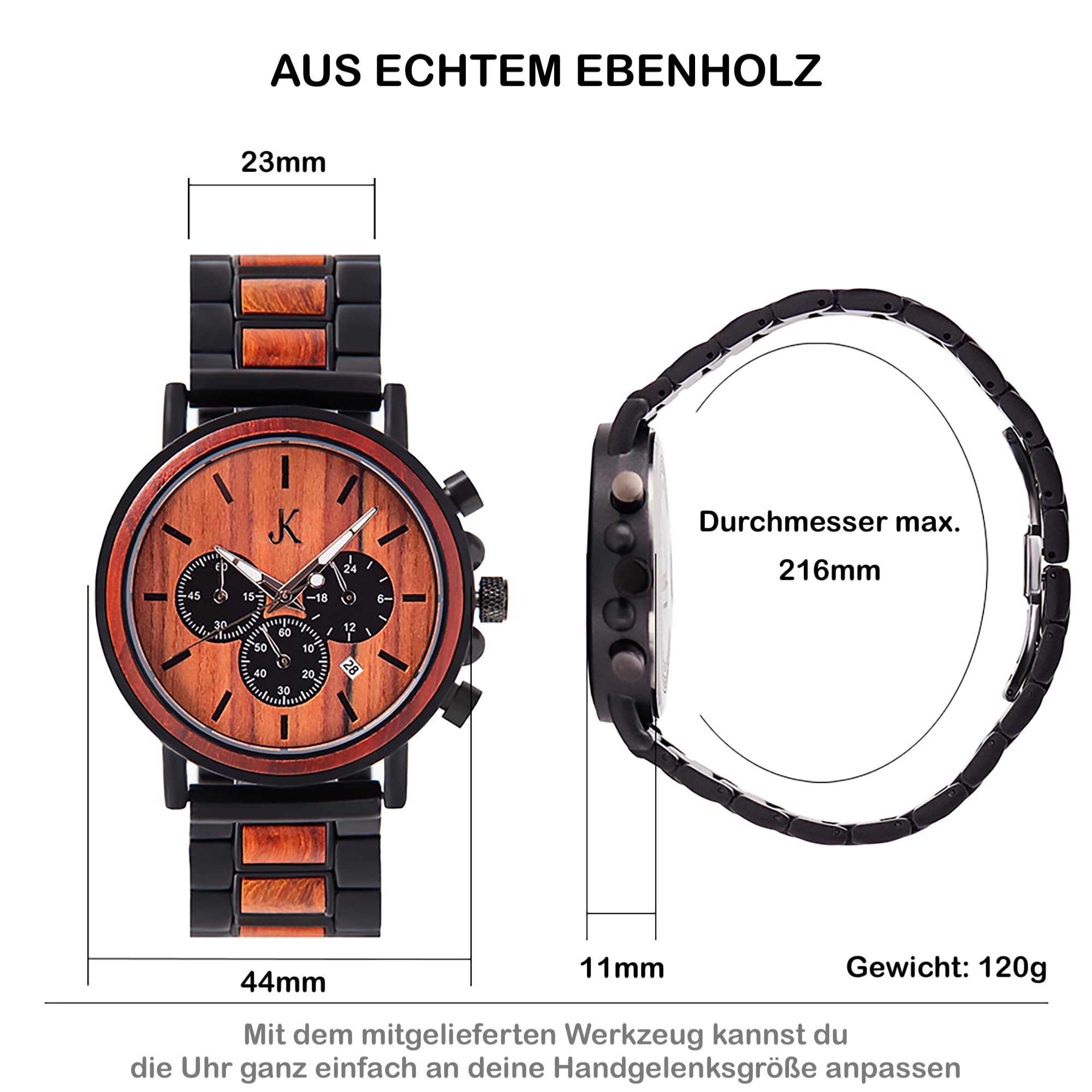 Kim Johanson® Holz-Edelstahl Armbanduhr *Military* für Herren in Braun | Chronograph mit Stoppuhr & Datum | Handgefertigt | Quarz | Analog Uhr | Geschenk | Verstellbares Armband | Inkl. Uhrenbox