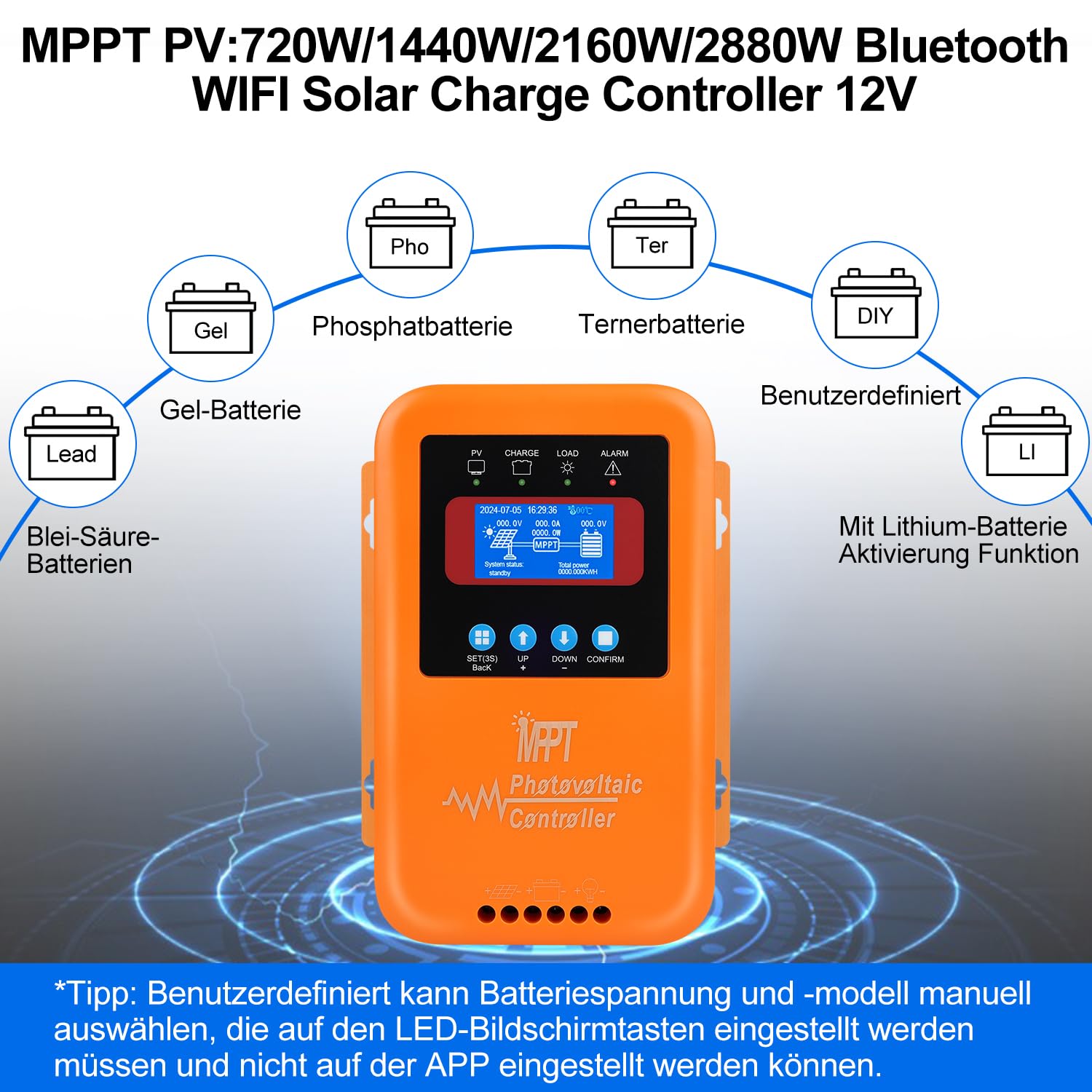 【60A Regulador MPPT Bluetooth WIFI】KWODE 60A 12V/24V/36V/48V Controlador de Carga Solar Regulador Solar MPPT Bluetooth WIFI Regulador de Carga para Ácido de Plomo, Gel,Fosfato,Turner, Litio Baterías