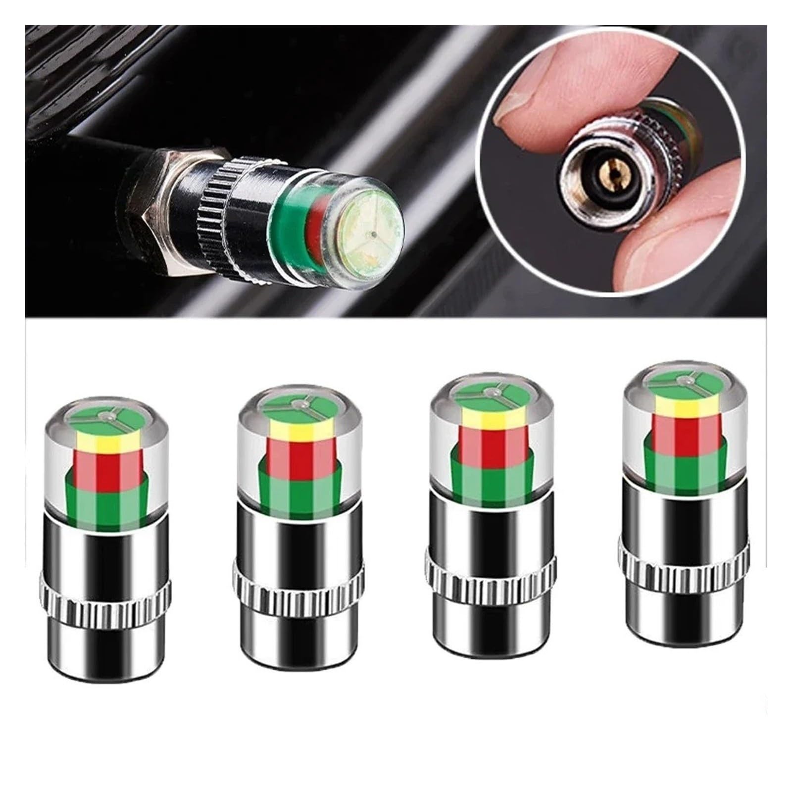 4PCS Tire Pressure Gauge Valve Caps 3-Color Alert Sensor