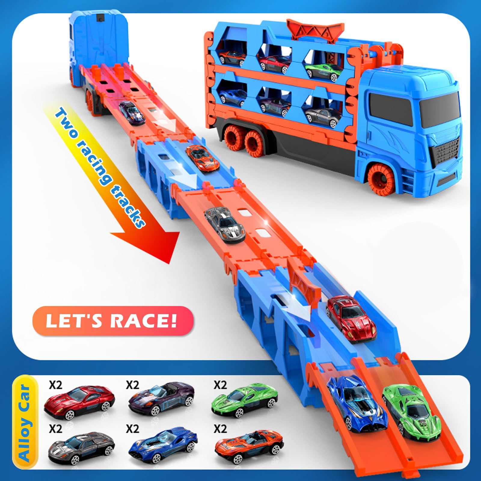 Rensinnoal Carrier Truck Toys for Kids 1.65M Foldable Transport Truck Toys with 12 Alloy Race Cars - Image 3