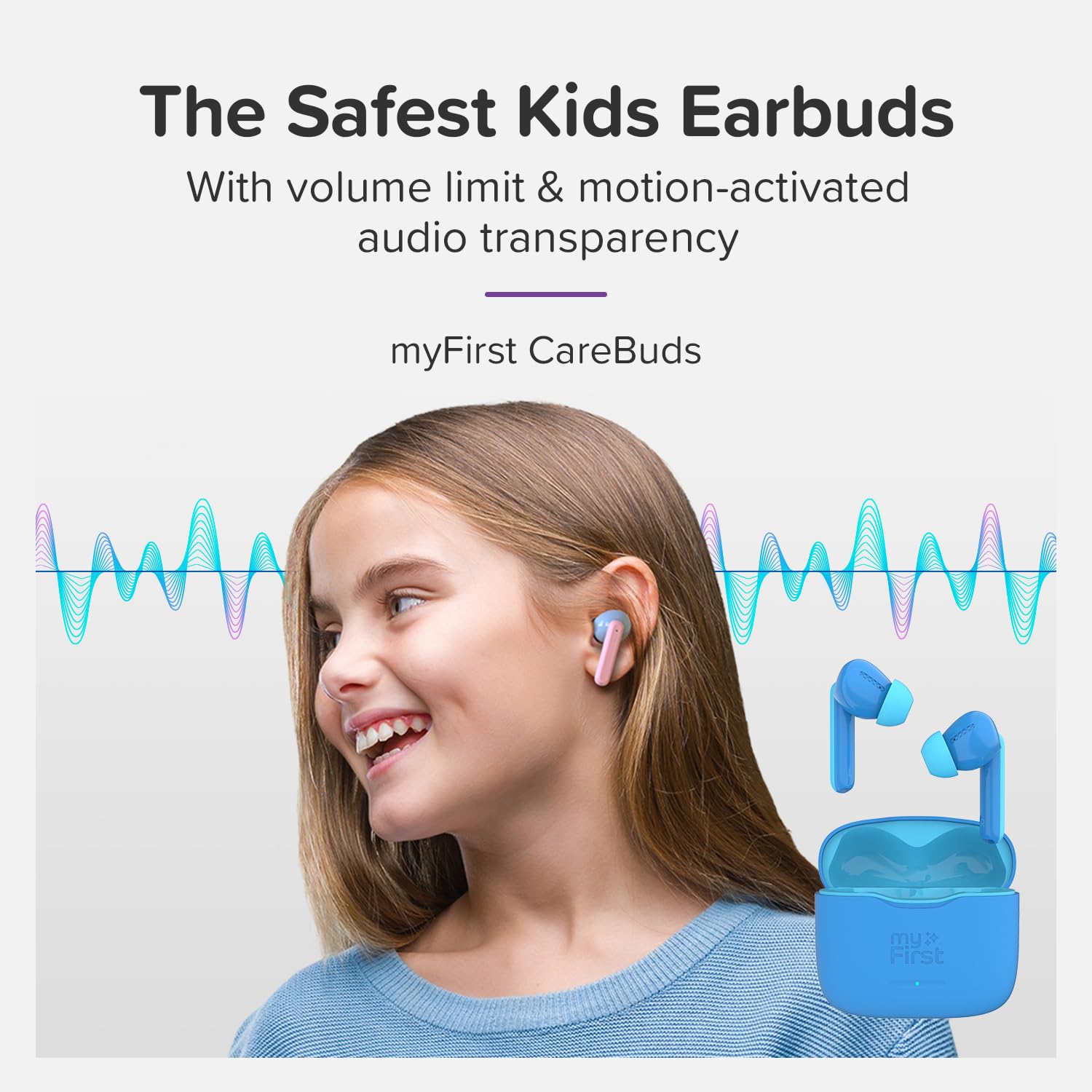 Oaxis myFirst CareBuds - I primi auricolari stereo senza fili veri del mondo per ragazzi e ragazze, cuffie sicure per bambini con trasparenza intelligente, volume massimo 85 dB (blu)