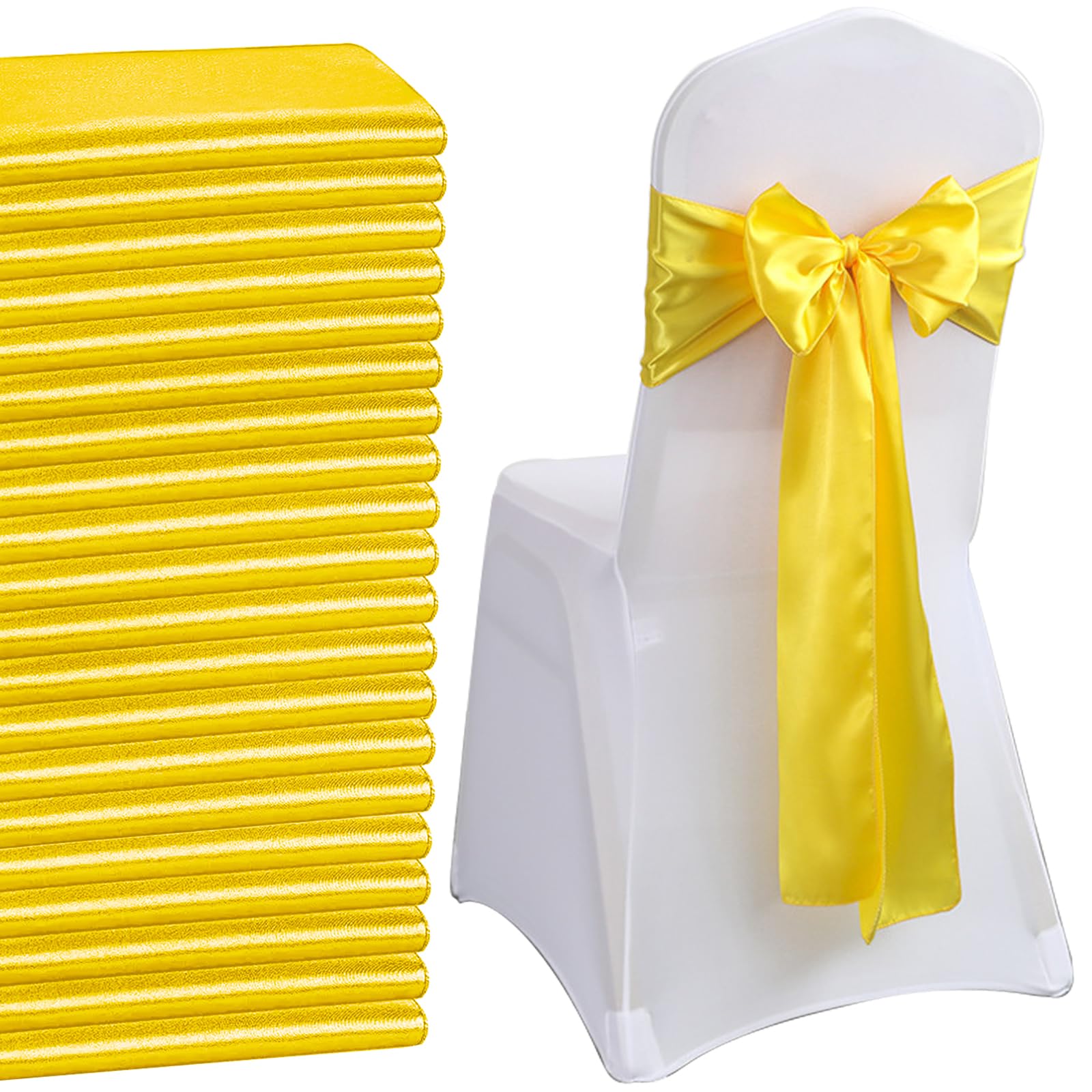 QeeFop Pack of 50 Yellow Satin Sashes Wedding Chair Bow, Elastic Chair Sashes for Wedding Decoration, Birthday, Banquet, Party, Chair Decoration (Yellow) — image 1