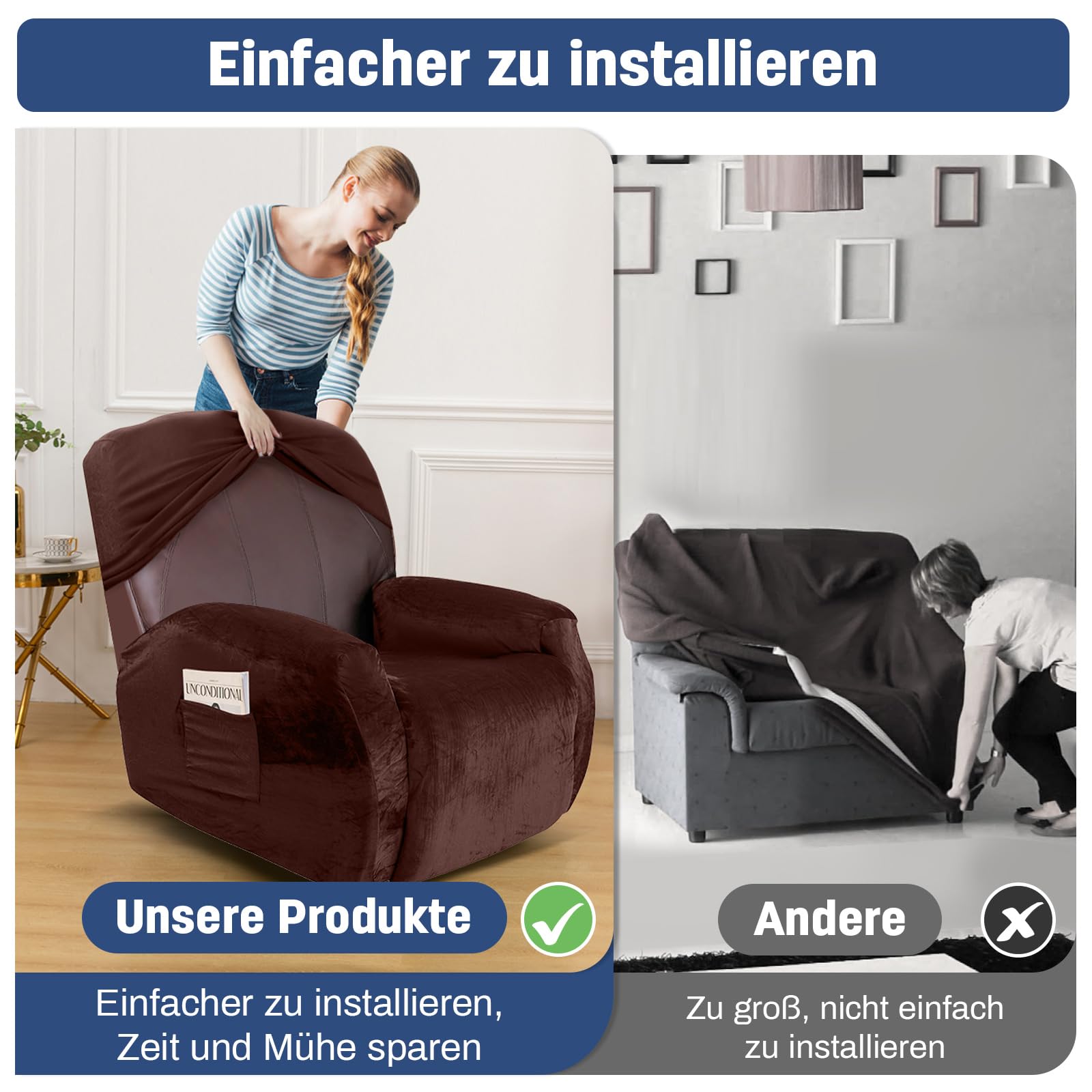 Rosnek Copripoltrona Relax In Velluto 4 Pezzi – Con Tasca Laterale, Lavabile, Morbido E Spesso, Grigio - copertina
