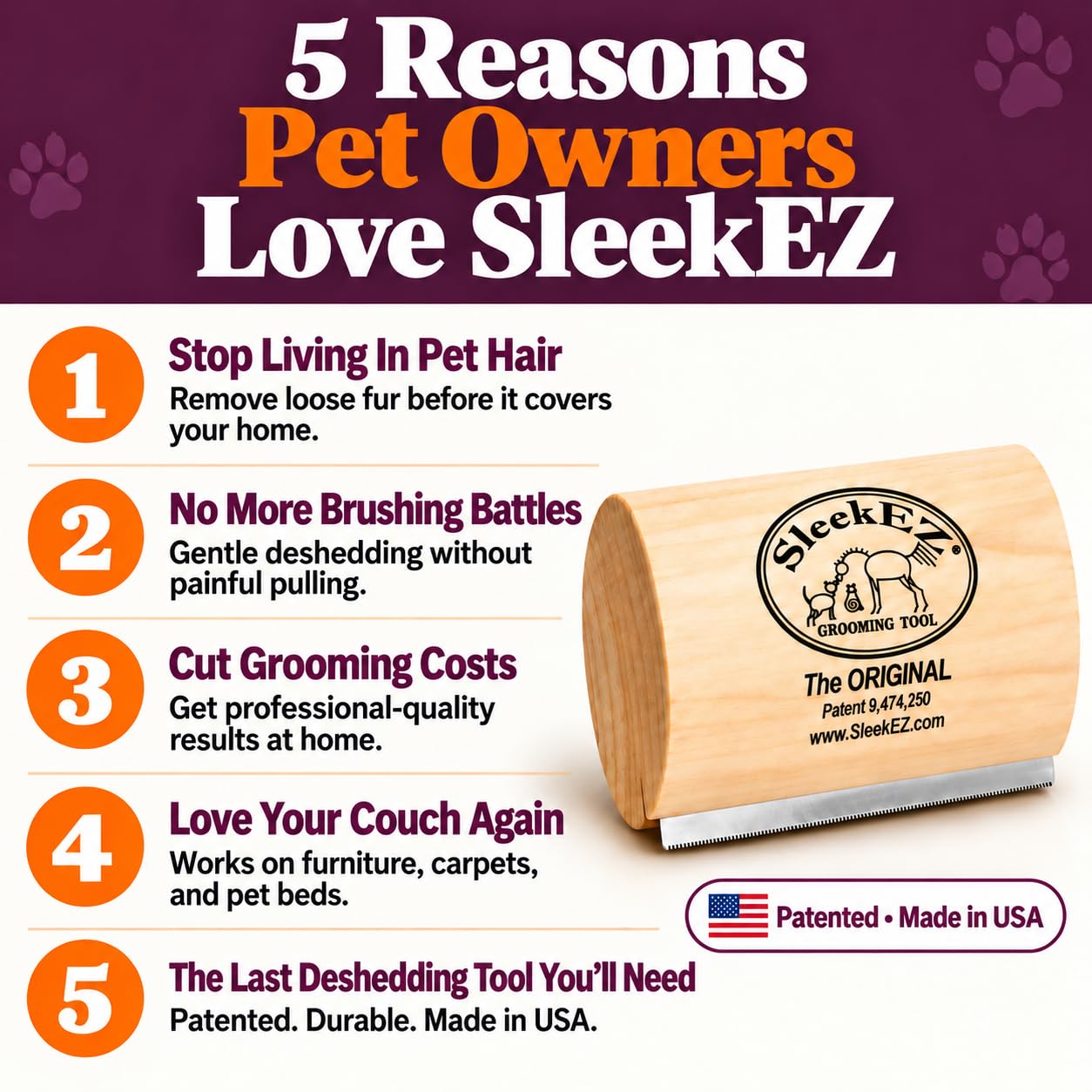 SleekEZ Dog Brush for Shedding | Patented Deshedding Dog Brush | Pet Hair Remover for Short, Medium & Long Coats | Made in USA | 5 Inch view 2