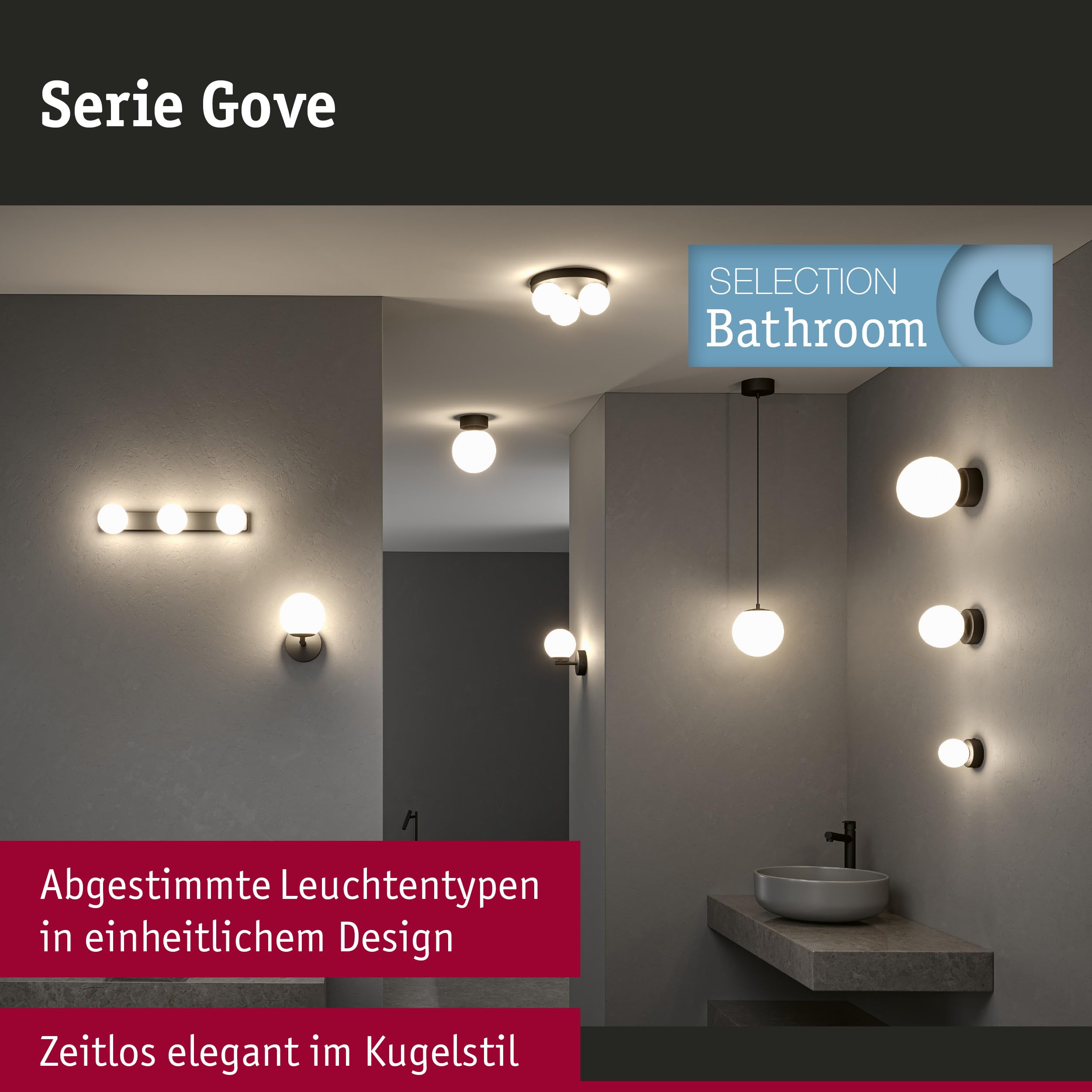 Paulmann 71074 Aplique LED Selection Bathroom Gove IP44 3000K 400lm 230V 5W, negro mate, satinado luminaria de baño