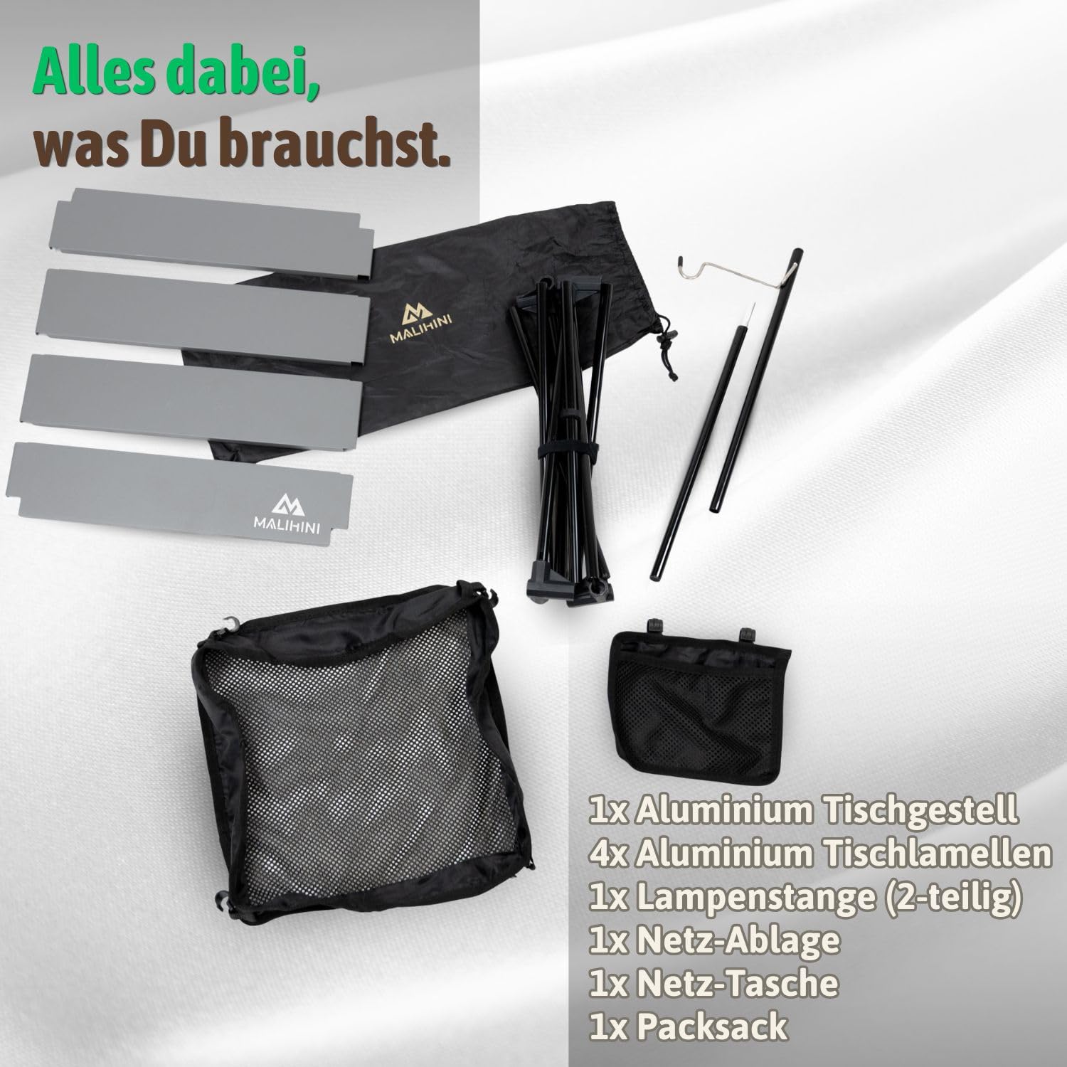 MALIHINI MALITABLE - Tavolo da campeggio pieghevole, con asta per lampada, ripiano e borsa, piccolo e compatto, 37 × 9 × 9 cm, in alluminio, 25 kg, per esterni e moto