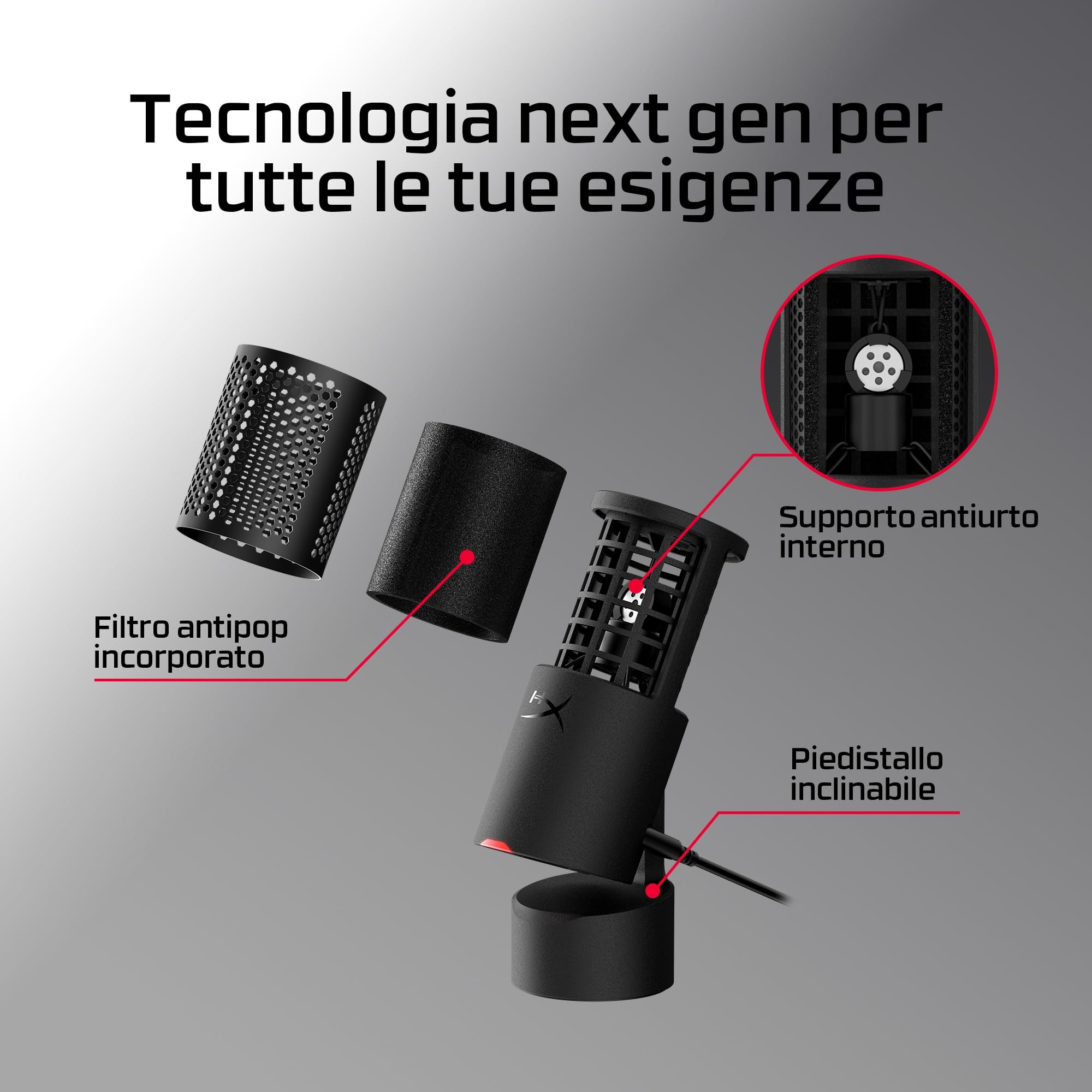 HyperX SoloCast 2, Microfono Usb-C Condensatore per Gaming, Streaming, Podcast, Compatibile Con Pc, Mac e Bracci Filettati, Controllo Con Software Ngenuity, Plug-and-Play, Audio Chiaro, Nero