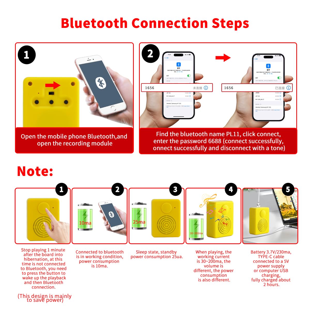 16 MB Diktiergerät mit Lautsprecher, unterstützt Bluetooth und Mikrofonaufnahmen,16 Minuten einfache Sprachaufzeichnung für personalisierte Begrüßungen, DIY-Projekte, Bastelarbeiten usw.Gelb