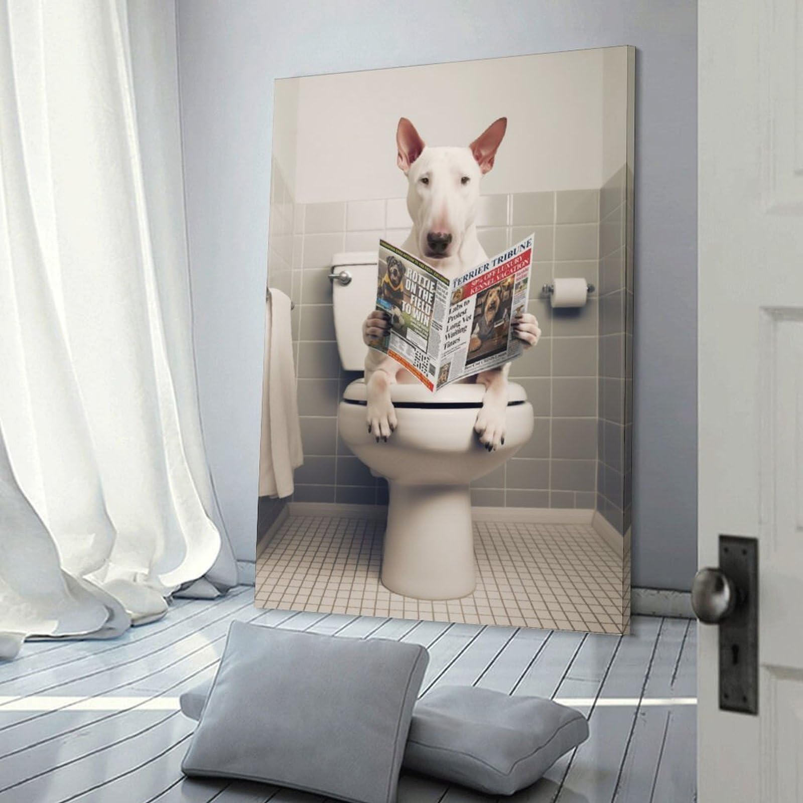Junmoney Dog Reading Newspaper on Toilet-4 Canvas Art Print, 20x30inch(50x75cm), for Living Room, Bedroom, Office Or Hallway, Decorative Artwork with Broad Appeal