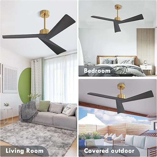 Miniatura 8 de WINGBO Ventilador de techo CC de 52 pulgadas sin luces, ventilador de techo de latón y negro con control remoto, 3 cuchillas de plástico ABS, motor