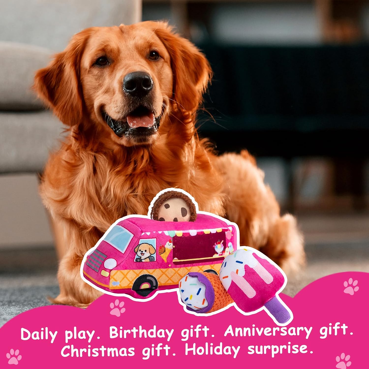 Hollypet Squeaky Dog Toy, Interactive Plush Hide and Seek Dog Toys for Small Medium Sized Dogs and Non-Aggressive Chewers, Puppy Teeth Clean Chew Toys, Ice Cream Truck