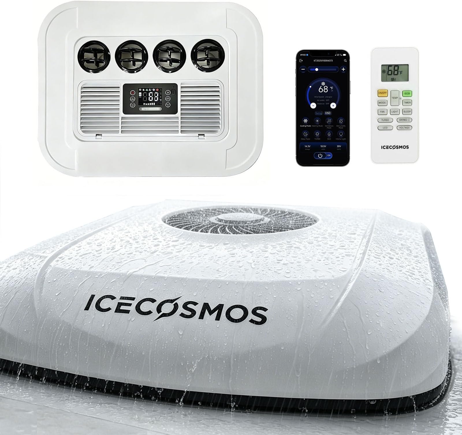 Ultra-Slim Body 12V DC Powered Rooftop RV AC Unit Cooling Only | 230 inches 6AWG 100% Copper Power Cord; Equipped with a Detachable Air Filter; Dehumidify & Ventilation Mode
