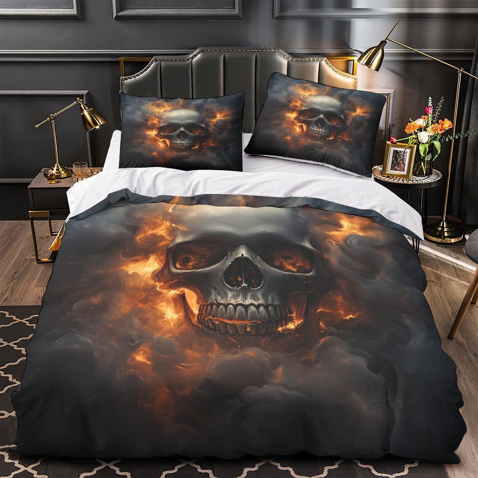 Housse couette crâne de feu 3D : finis les motifs délavés avec ce lit microfibre 220x240