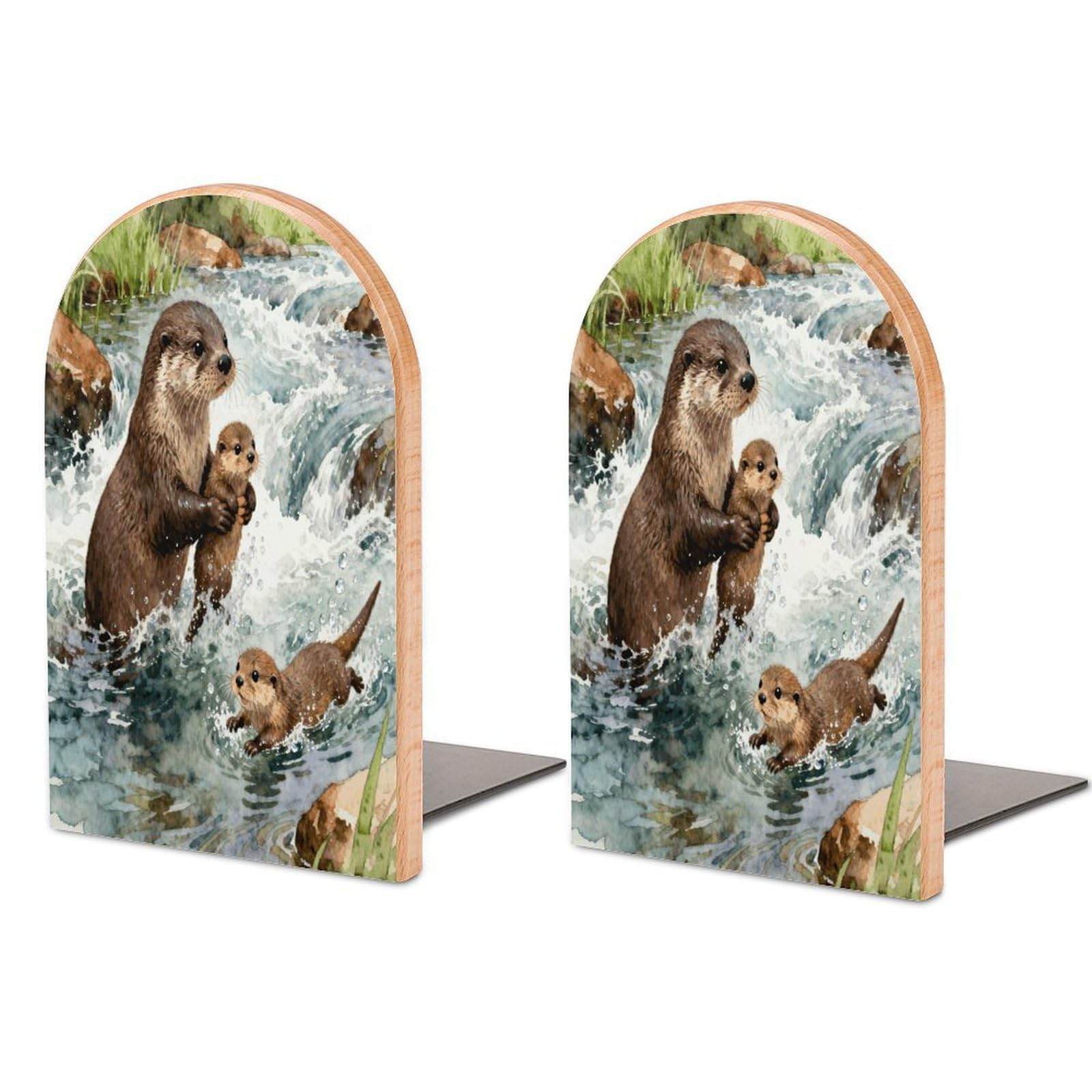 Otter Book Ends Wood Non-Skid Bookend for Shelves Heavy Duty Bookends with Metal Base Decorative Books Stopper Desk Organizers Book Dividers for Office Home 1 Pair