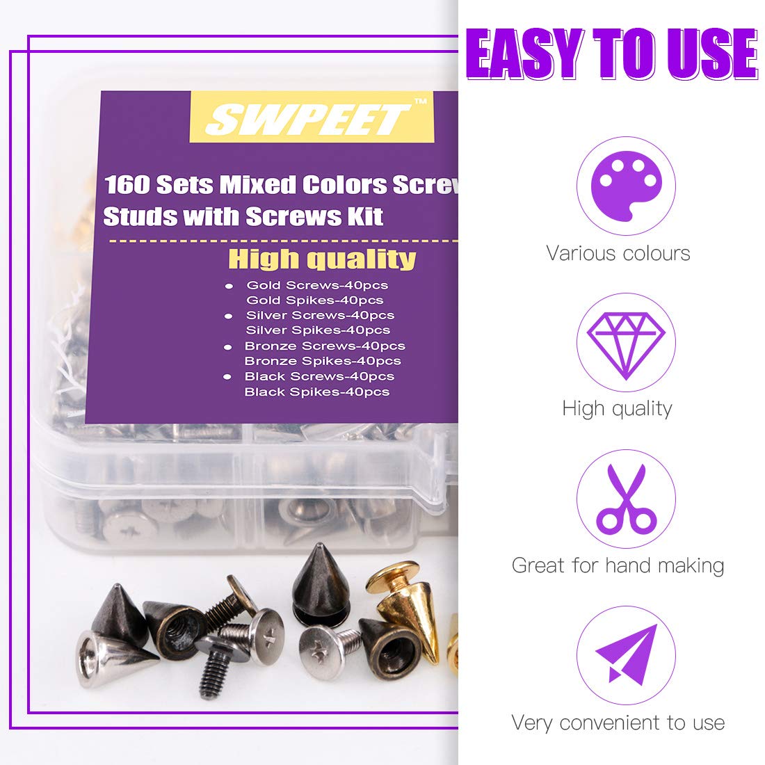 110 Paires De Clous Coniques Métal 7x9,5mm - Pointes à Vis Argentées Pour Cuir, Vêtements Punk & DIY