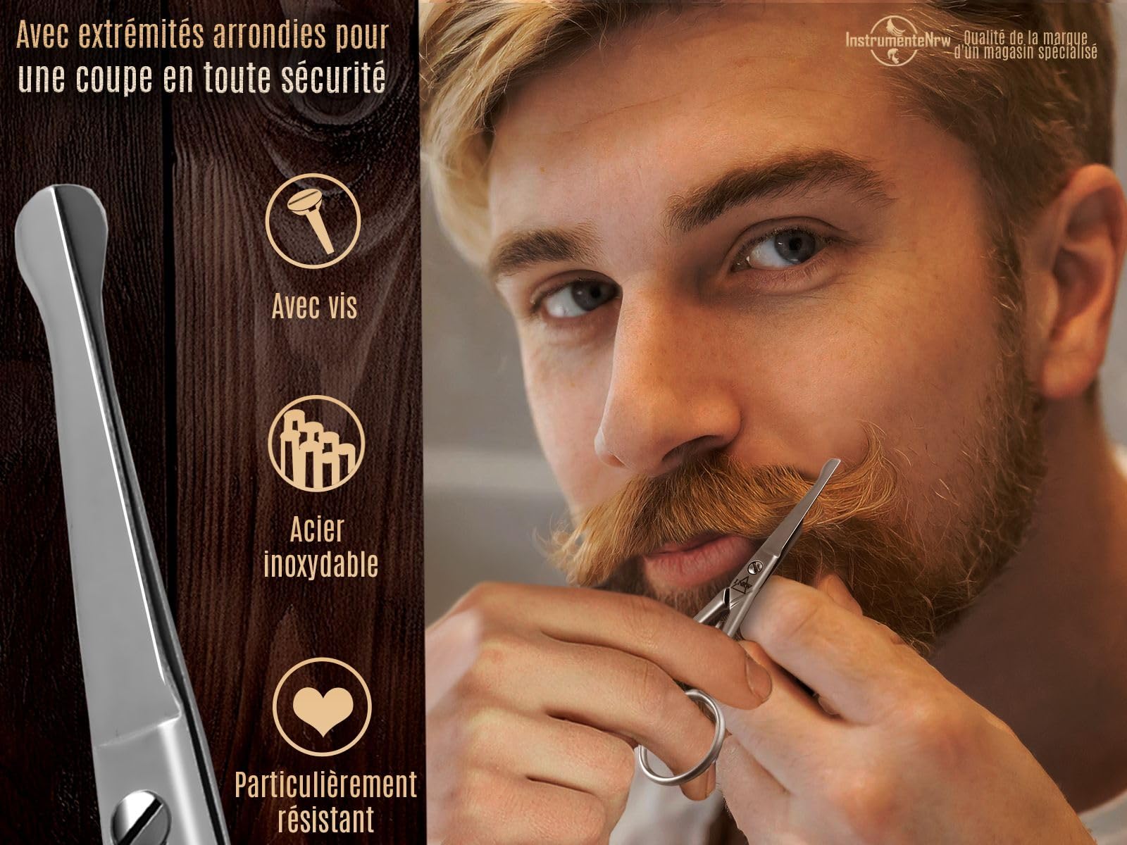 InstrumenteNrw Ciseaux à moustache et barbe avec lame tranchante - Acier inoxydable - pour les hommes pour entretenir leur barbe 10,5 cm avec étui