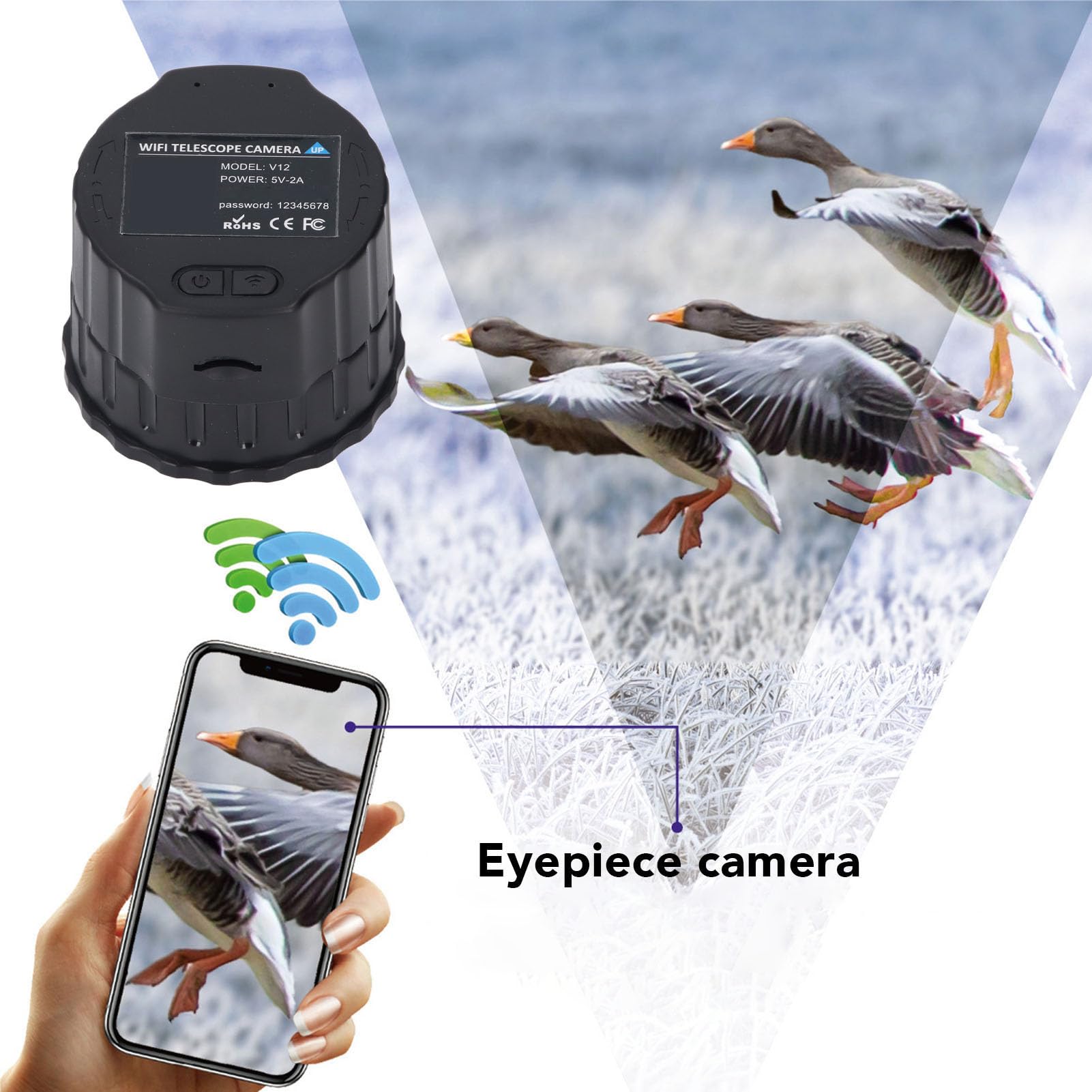 Telecamera WiFi, Oculare Elettronico Wireless, Registrazione Video 2K e Foto da 24 MP per Telescopi da 24 Mm-50 Mm, per Astrofotografia, Birdwatching (Nessuna memoria)