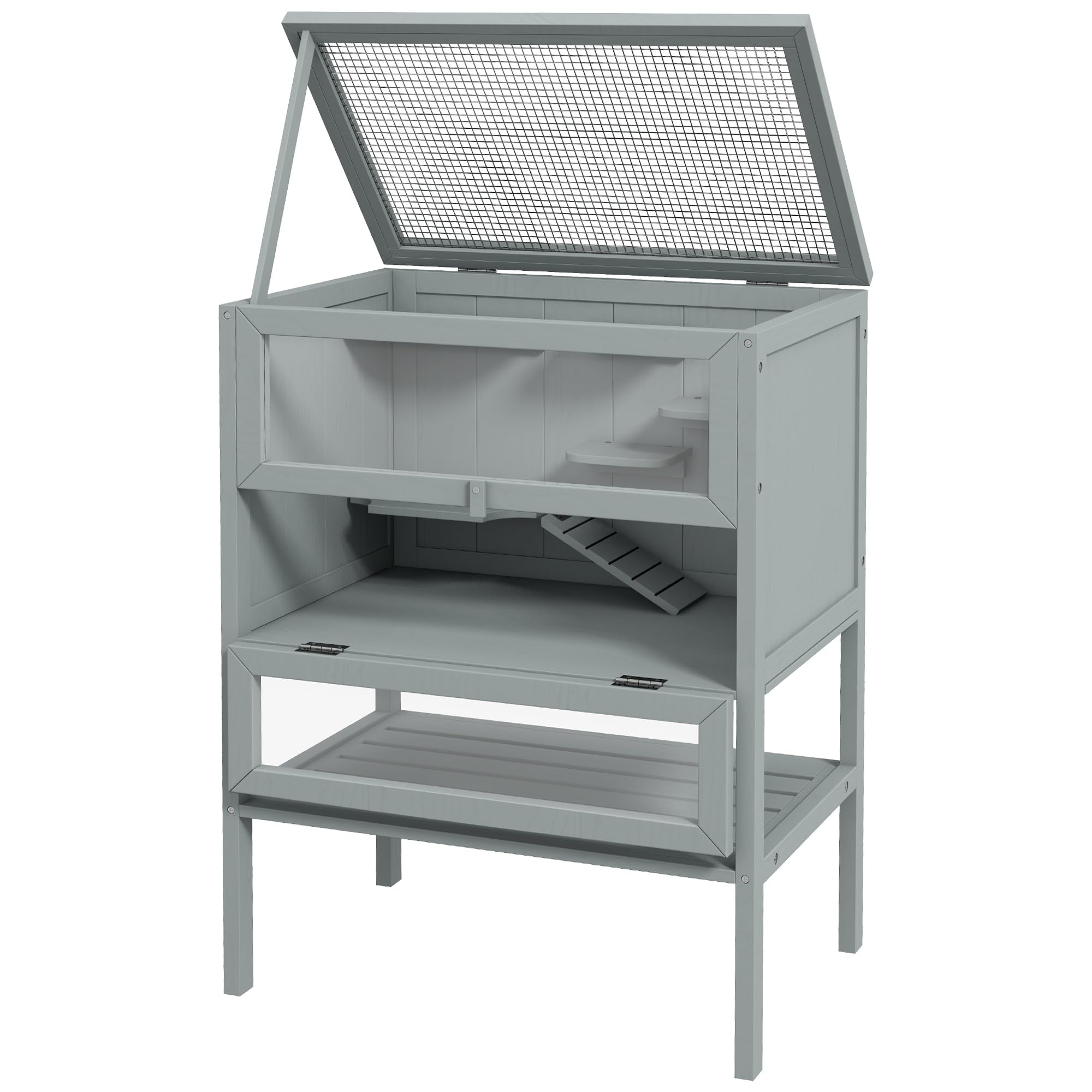 PawHut Jaula de Madera para Hámster con Estante 60x40x80 cm Gris | Casa de juego para animales pequeños, jaula para jerbo, techo abrible, rampa, para jerbos, hámsteres enanos