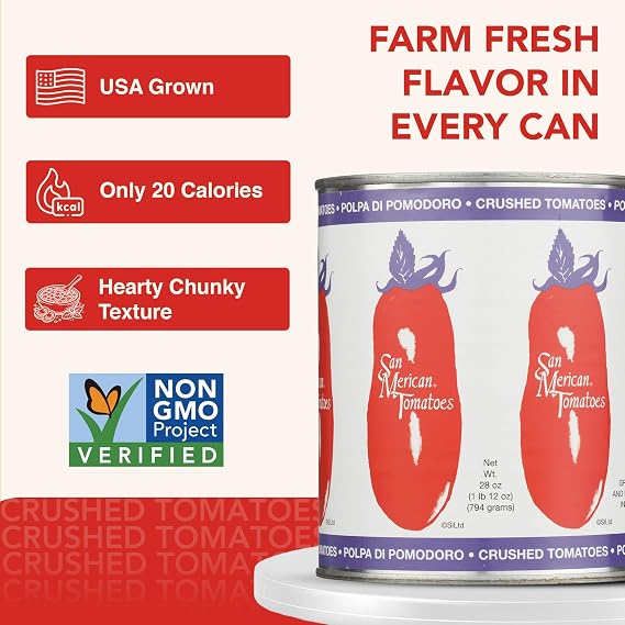 SMT San Merican Crushed Tomatoes 28oz (Pack of 6) - Non-GMO Project Verified, Gluten Free, BPA-Free Lined Can- For Marinara, Pizza Sauce, Pasta Sauce, Chili, Tomato Soup & Stew - Grown & Packed in USA