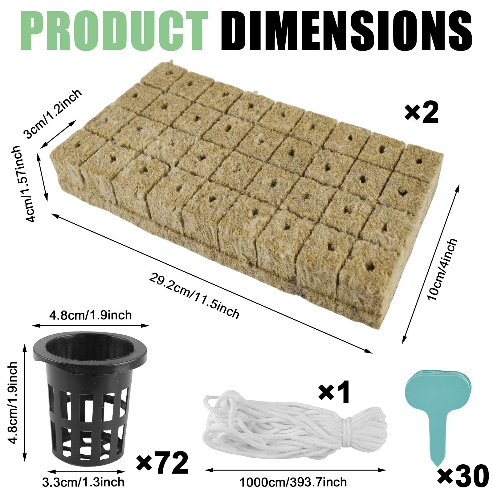 BAIFULAI Set di 72 lana di roccia con 72 cubetti di lana di roccia + 72 vasi a rete + 30 etichette + corda di cotone da 10 m, vaso idroponico, vaso per piante coltivate, Rockwool Grow Cubes