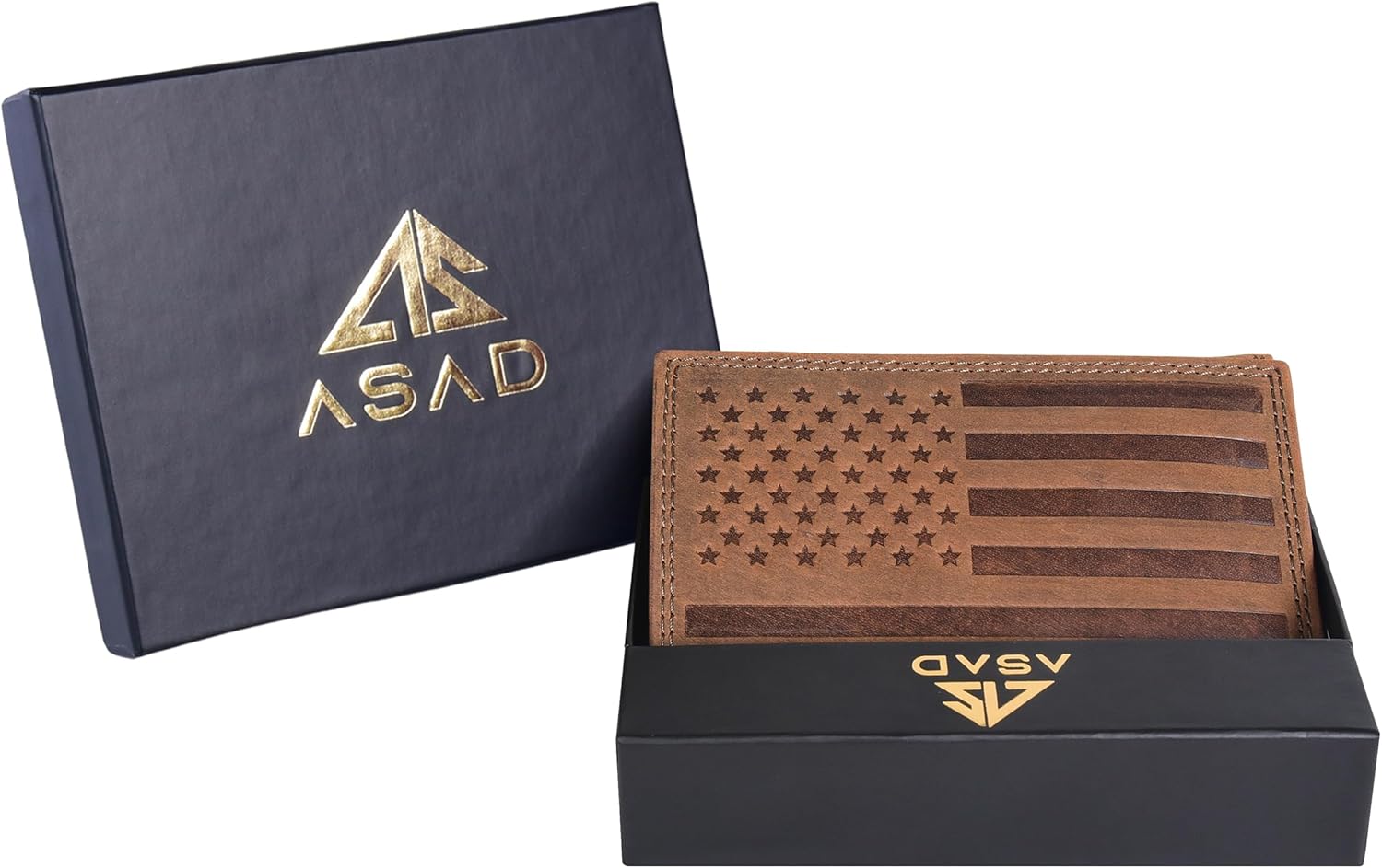 ASAD Leather Slim Everyday Trifold Wallet with ID Window and Multiple Card Slots | Genuine Leather Double Stitched RFID Blocking Stylish | Gift for Him | Brown Crazy Horse American Flag Design - Image 4