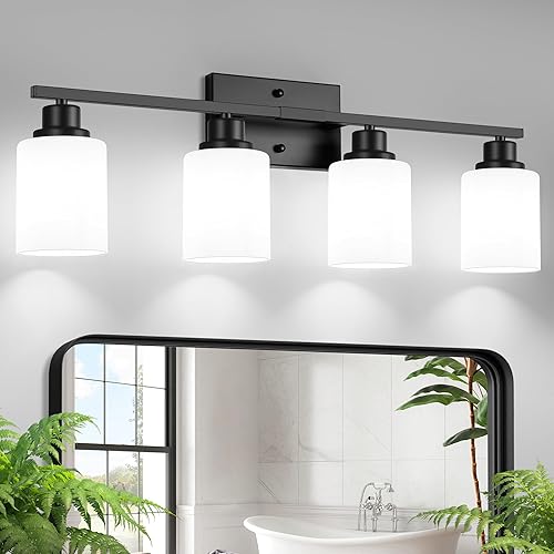 Ascher Lámparas de baño, lámpara de tocador de 4 luces sobre espejo, apliques de pared negro mate con pantallas de vidrio esmerilado blanco lechoso,