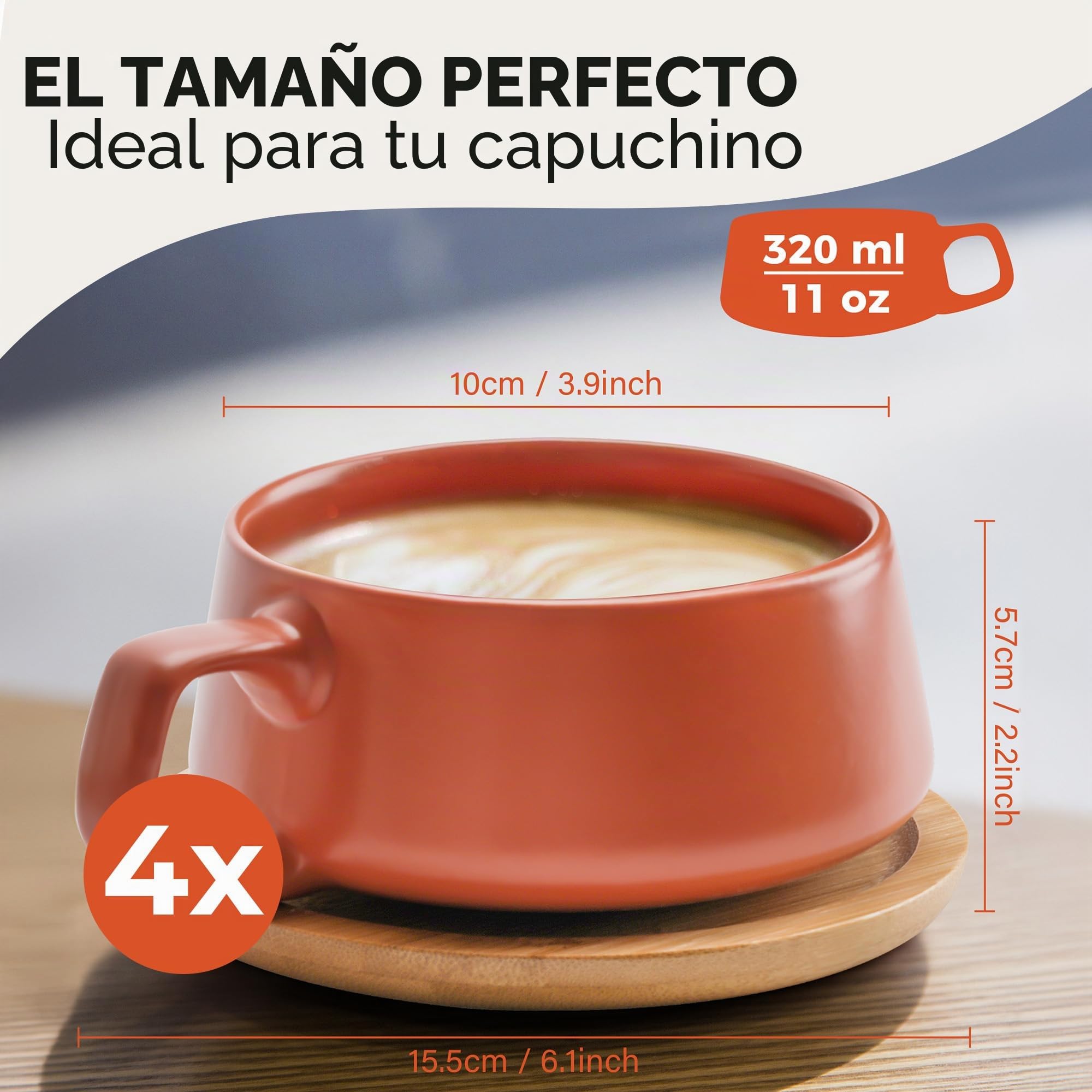 MIAMIO - 4 x 320 ml tazas de café/juego de taza y platillo/elegantes y modernas tazas de café en cerámica gres – Juego de 4 pzas de colección de lujo - Luxe Collection (Beige Pastel)