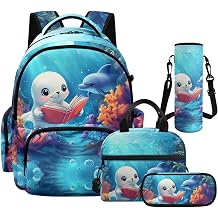 Cute Sea Lion Girls Backpack with Lunch Box Set 4-in-1 Kids School Bag Lightweight & Heavy Duty Bookbags for Elementary Student Kids Age 6-8