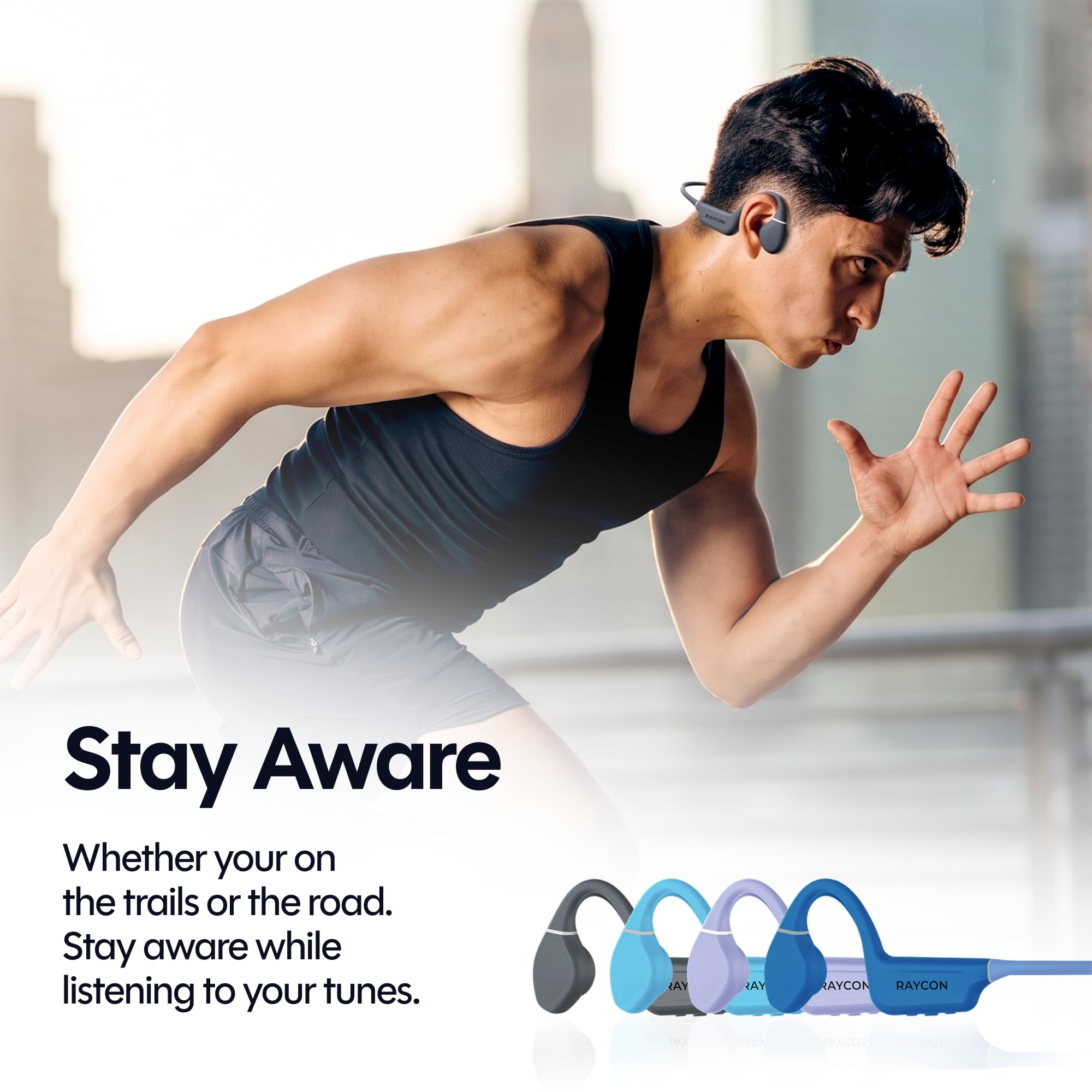 Raycon Cuffie Bluetooth a conduzione ossea, cuffie aperte da corsa, resistenti al sudore e all'acqua, con microfono, per sport e allenamento, 13 ore di riproduzione (blu)