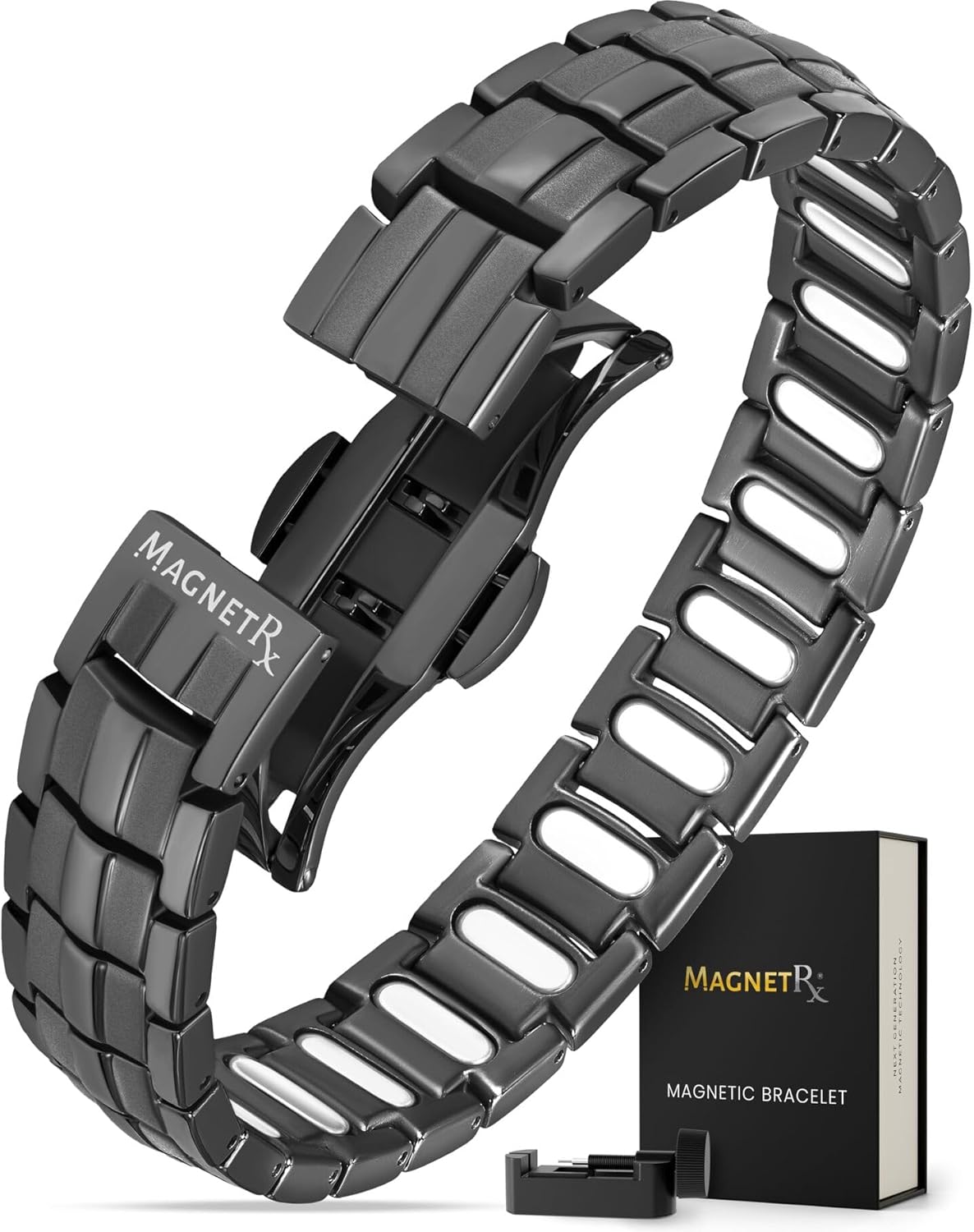 MagnetRX Magnetic Bracelets for Men - EllipseMAX 5X Strength 5,000 Gauss Magnets - Designed in USA & Patent Pending - Premium Titanium Mens Magnetic Bracelet & Adjustable Length (Gunmetal)