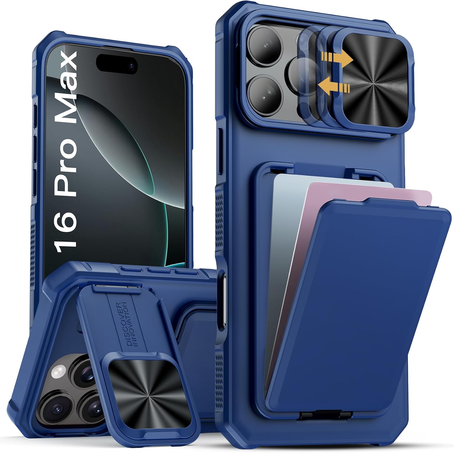 SSLOTSCASE for iPhone 16 Pro Max Case with Stand & Credit Card Holder & Sliding Camera Cover, Full-Body Drop Proof TPU Soft Silicone Edge Protective Case Cover for iPhone 16 Pro Max 6.9'' 5G, Blue Blue iPhone 16 Pro Max