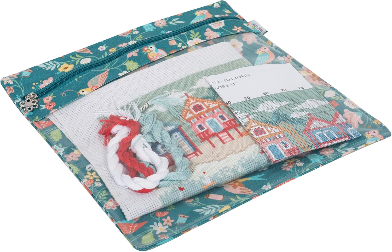 Hobby Gift Needlecraft Project Pouch with Zipper Cotton Fabric Storage Bag with Transparent Front Pocket for Knitting Crochet Embroidery and Craft Projects