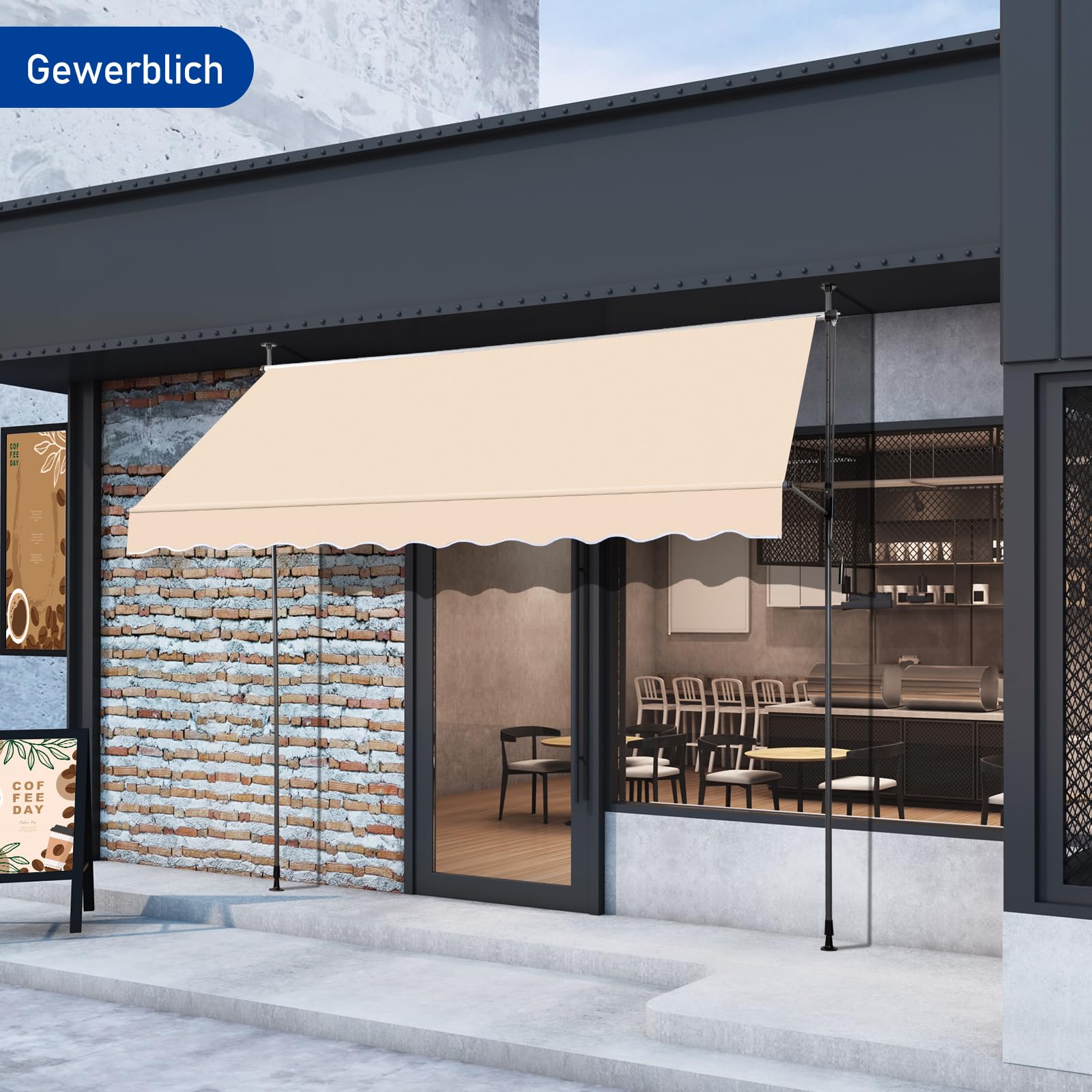 LEADZM Klemmmarkise 300 cm Breit,Balkon Markise ohne Bohren,Wasserdicht,Sonnenschutz,UV-beständig,Höhenverstellbar mit Handkurbel,für Terrasse,Balkon,Garten,Laden,Beige,Khaki