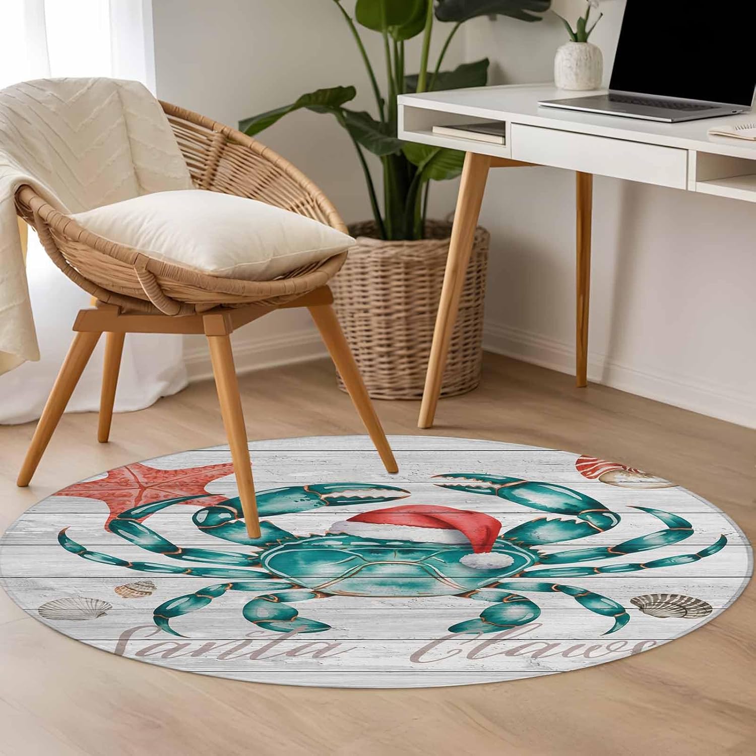 Round Area Rugs 3 ft Diameter Indoor Mats Cartoon Sea Starfish Conch Blue Crab Christmas Hat Decorative Rug Carpet Floor Mat Yoga Mat for Boys Girls Playroom Home Decor