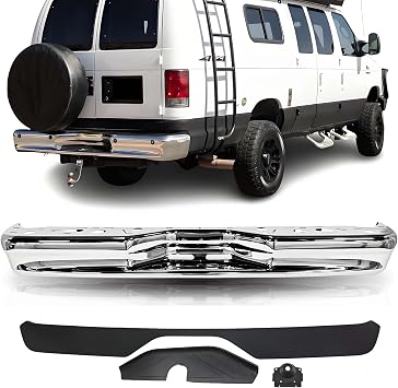 Rear Bumper Step Bumper Compatible with 1992-2014 Ford Econoline Van E150 E250 E350 W/O Sensor Holes, Chrome