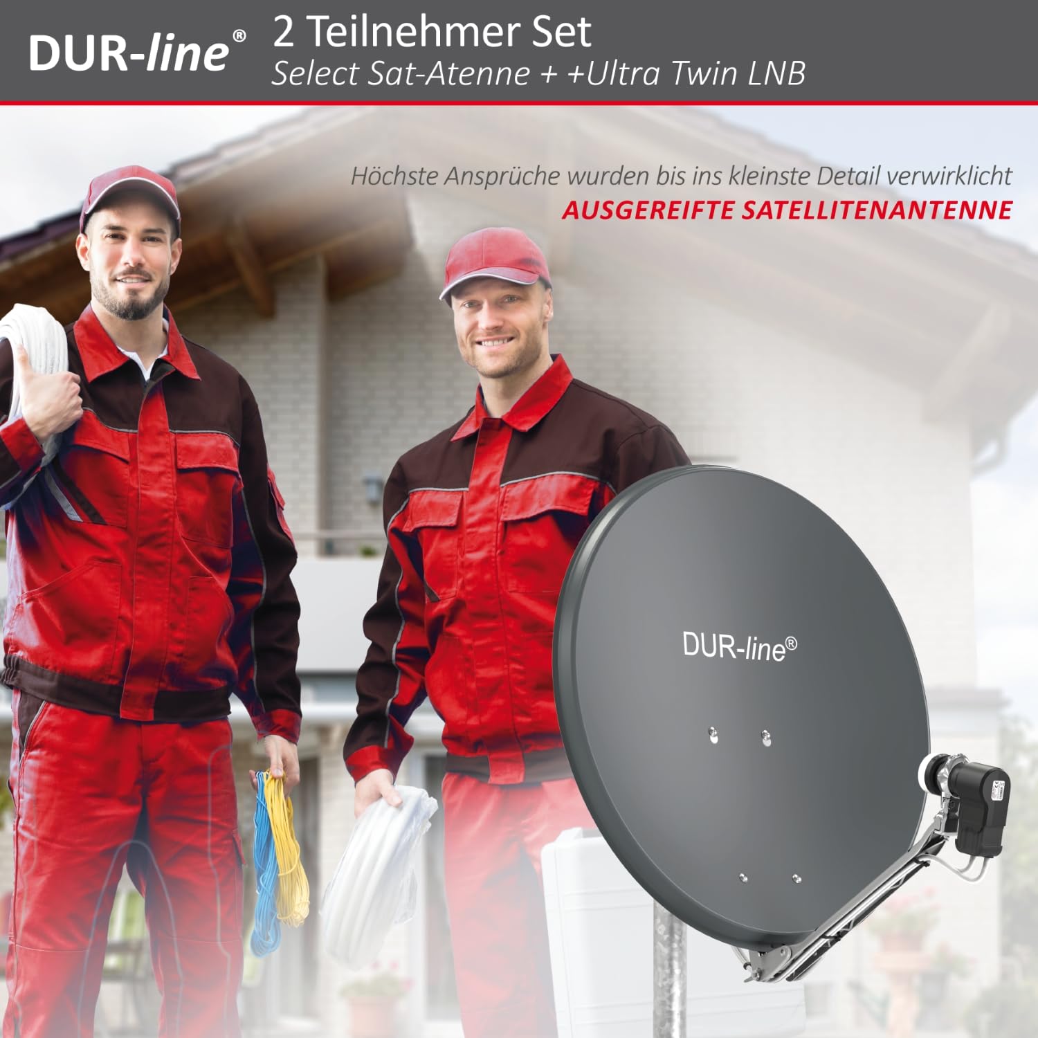 DUR-line Zestaw 2 odbiorników – wysokiej jakości zestaw satelitarny z aluminium – Select 60 cm/65 cm lustro/miska antracyt + Twin LNB – na 2 odbiorniki / TV [najnowsza technologia, DVB-S2, 4K, 3D]