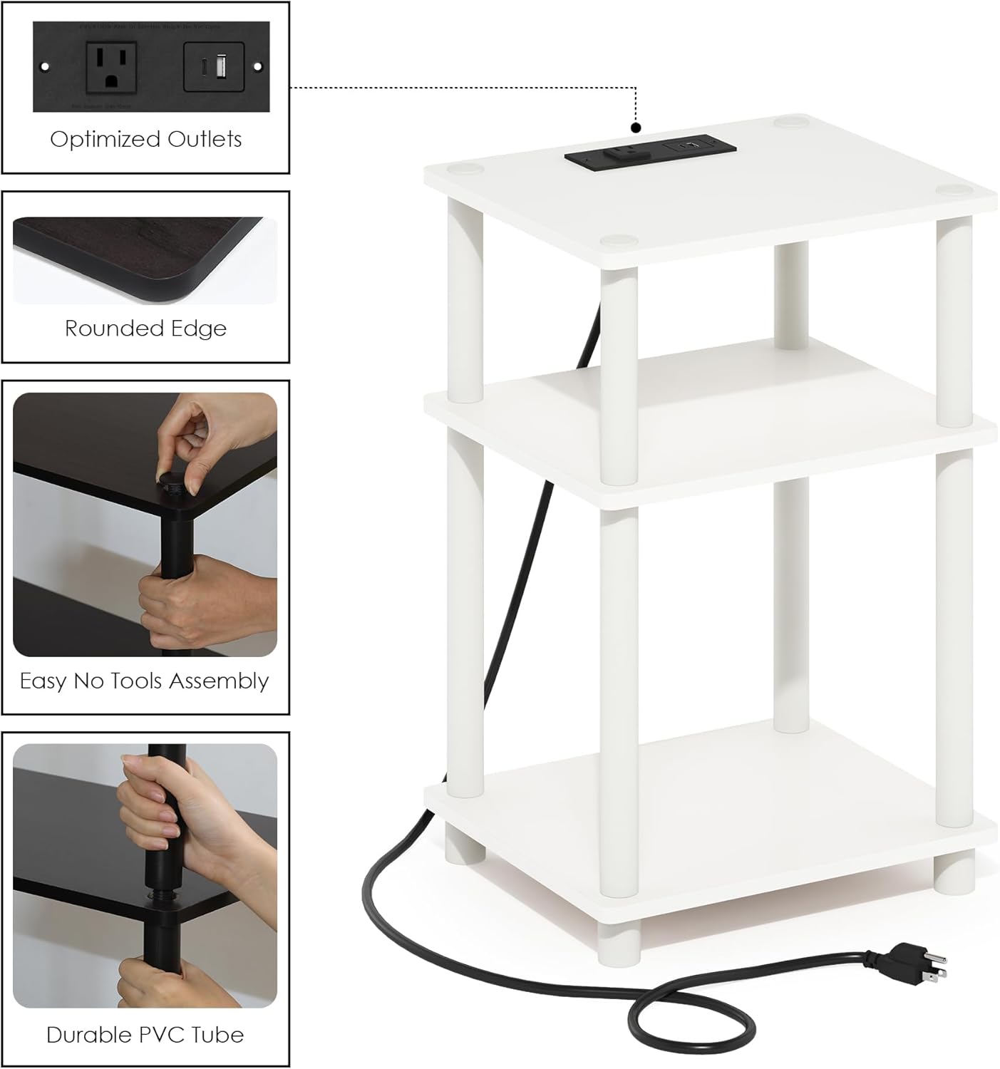 Furinno JUST Side Table, 3-Tier Modern End Table with Charging Station, Easy Assembly Night Stand, Bedside Table with USB and Type-C Charging Port, for Living Room, Bedroom, White