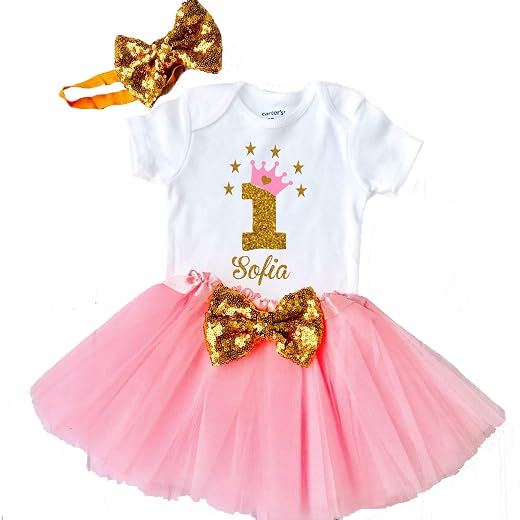 Funmunchkins Personalized 1st Birthday Outfit for Girl in Glittering Gold and Pink Tutu