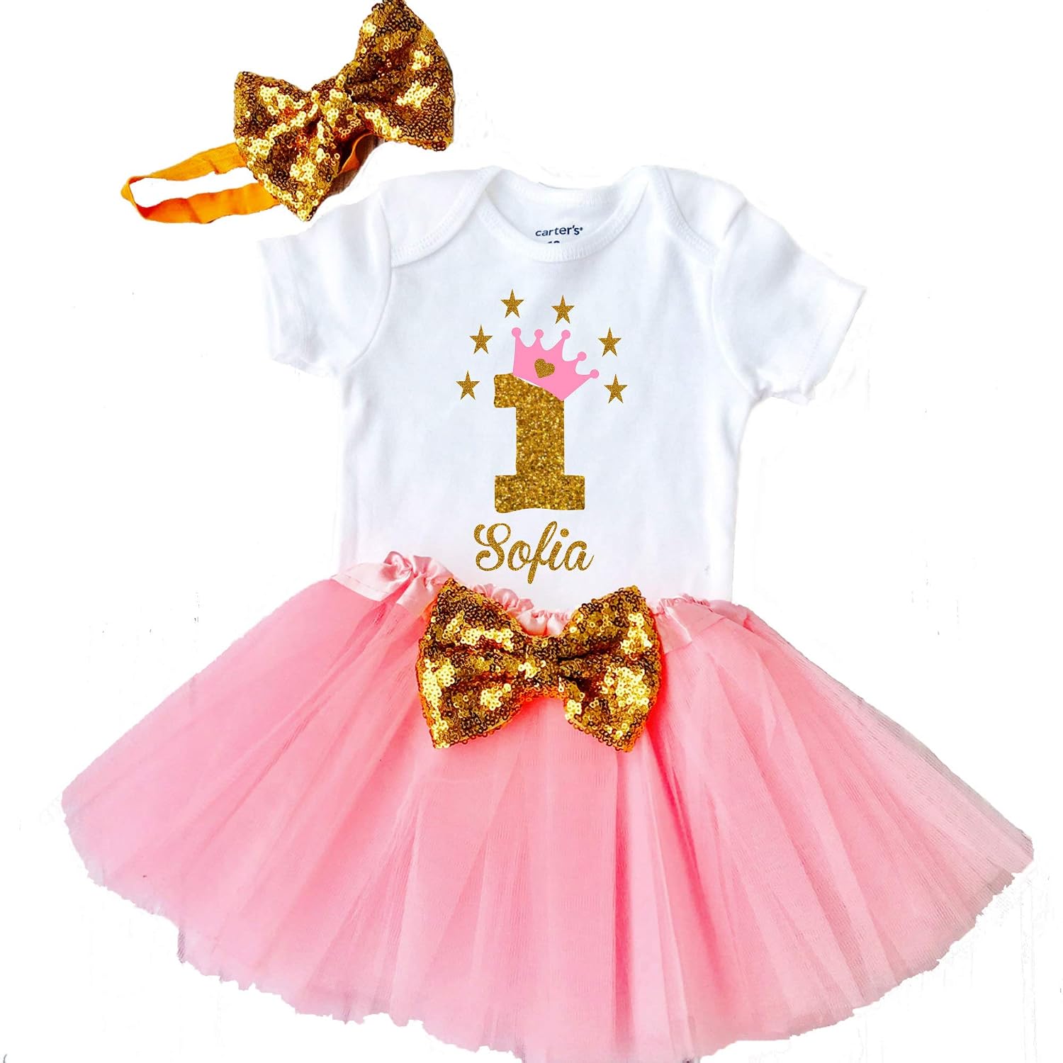 Funmunchkins Personalized 1st Birthday Outfit for Girl in Glittering Gold and Pink Tutu - Review, Price and Buying Guide